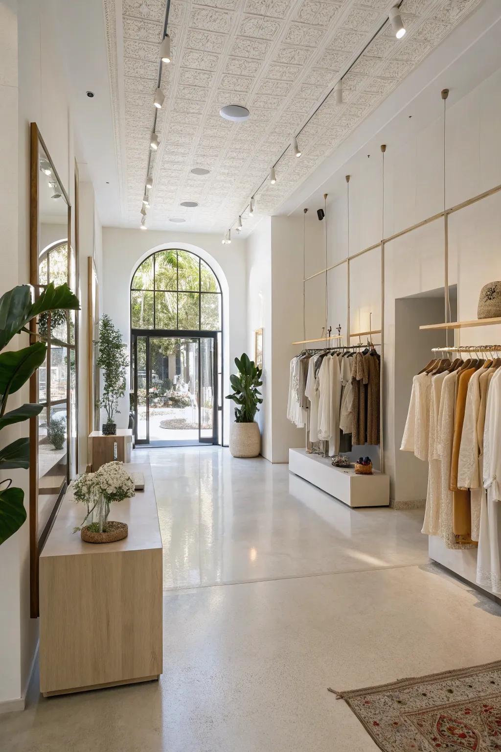 A minimalist store space with a modern feel, showcasing simple designs and an open arrangement.