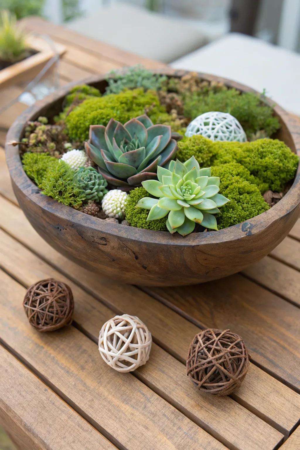 A simple wooden bowl showcasing elements from nature, such as vibrant moss and small succulents