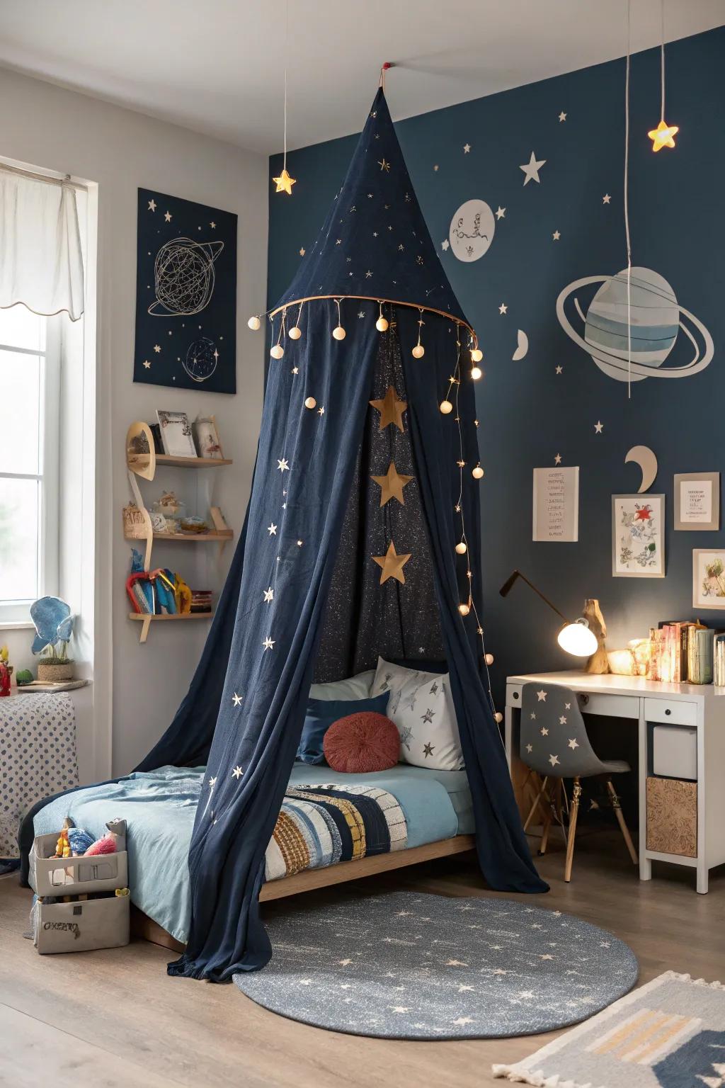 Soar into dreams with an astronaut-themed canopy bed.
