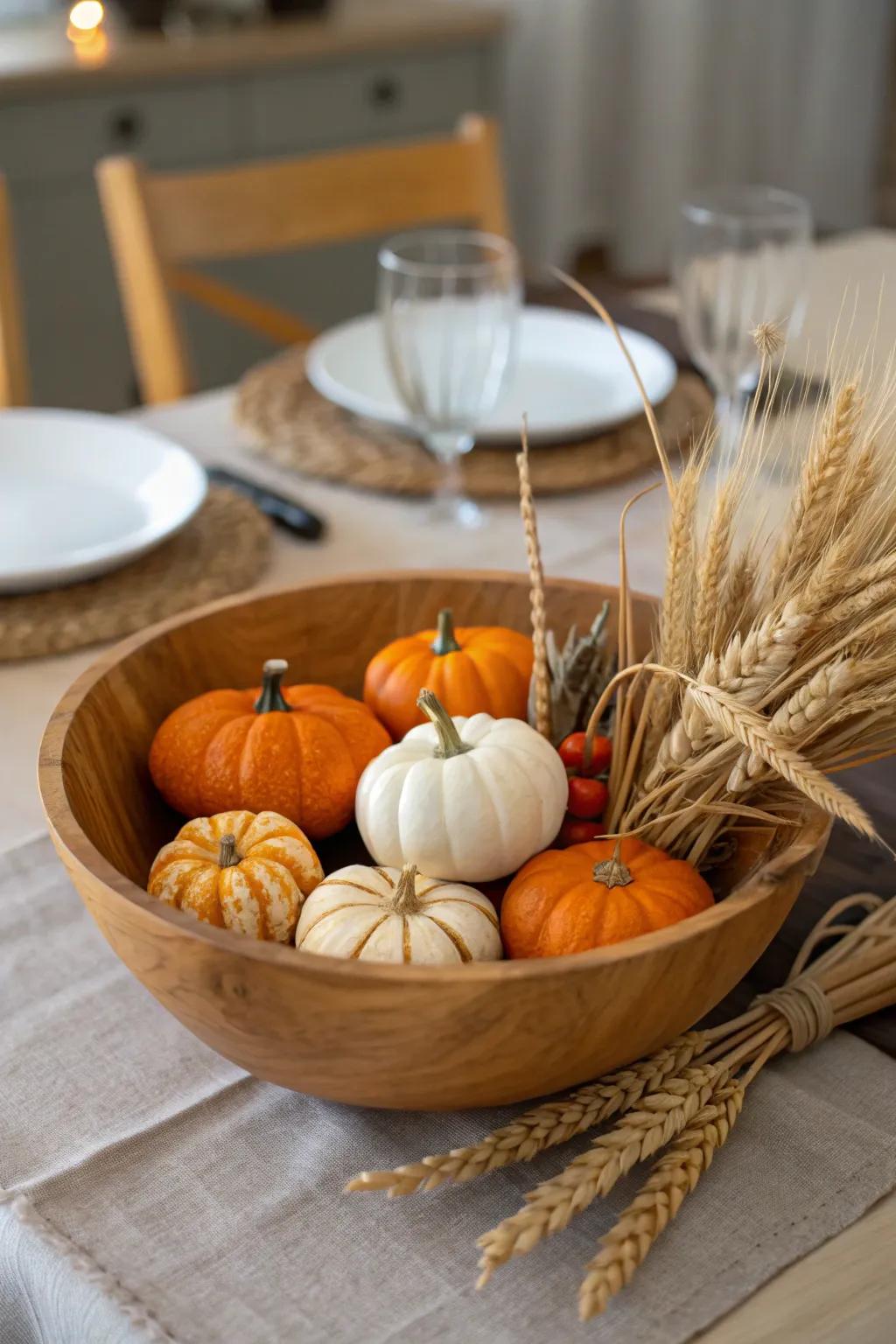 An autumn-inspired arrangement featuring pumpkins within a baking dish