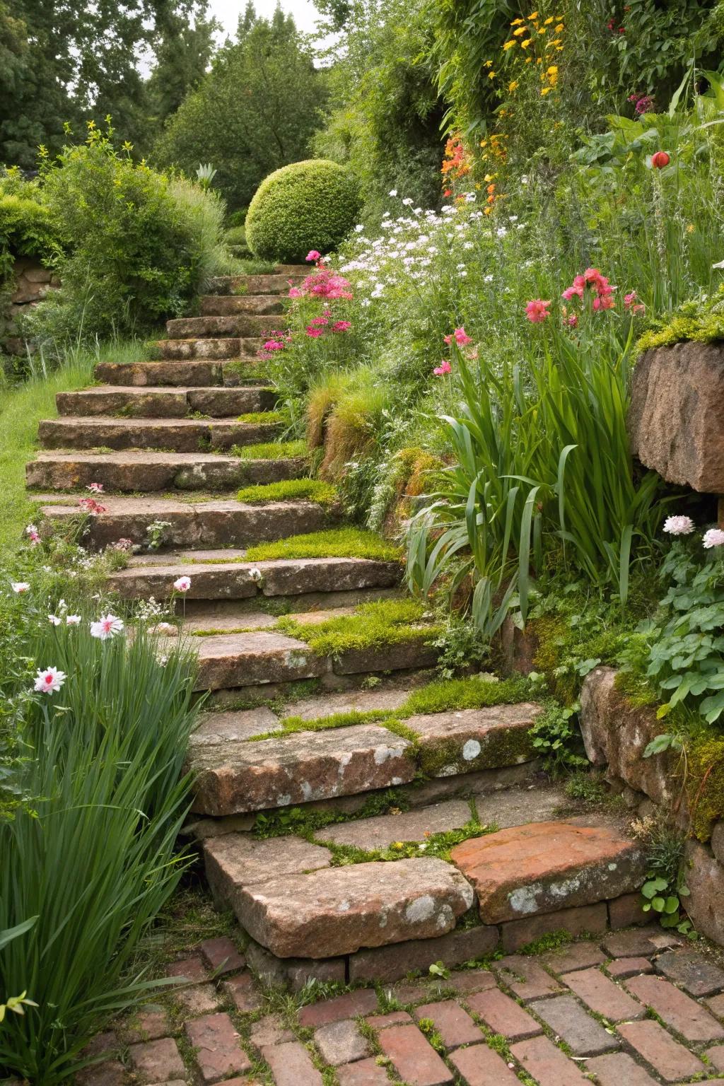 Brick steps winding through a verdant garden setting.