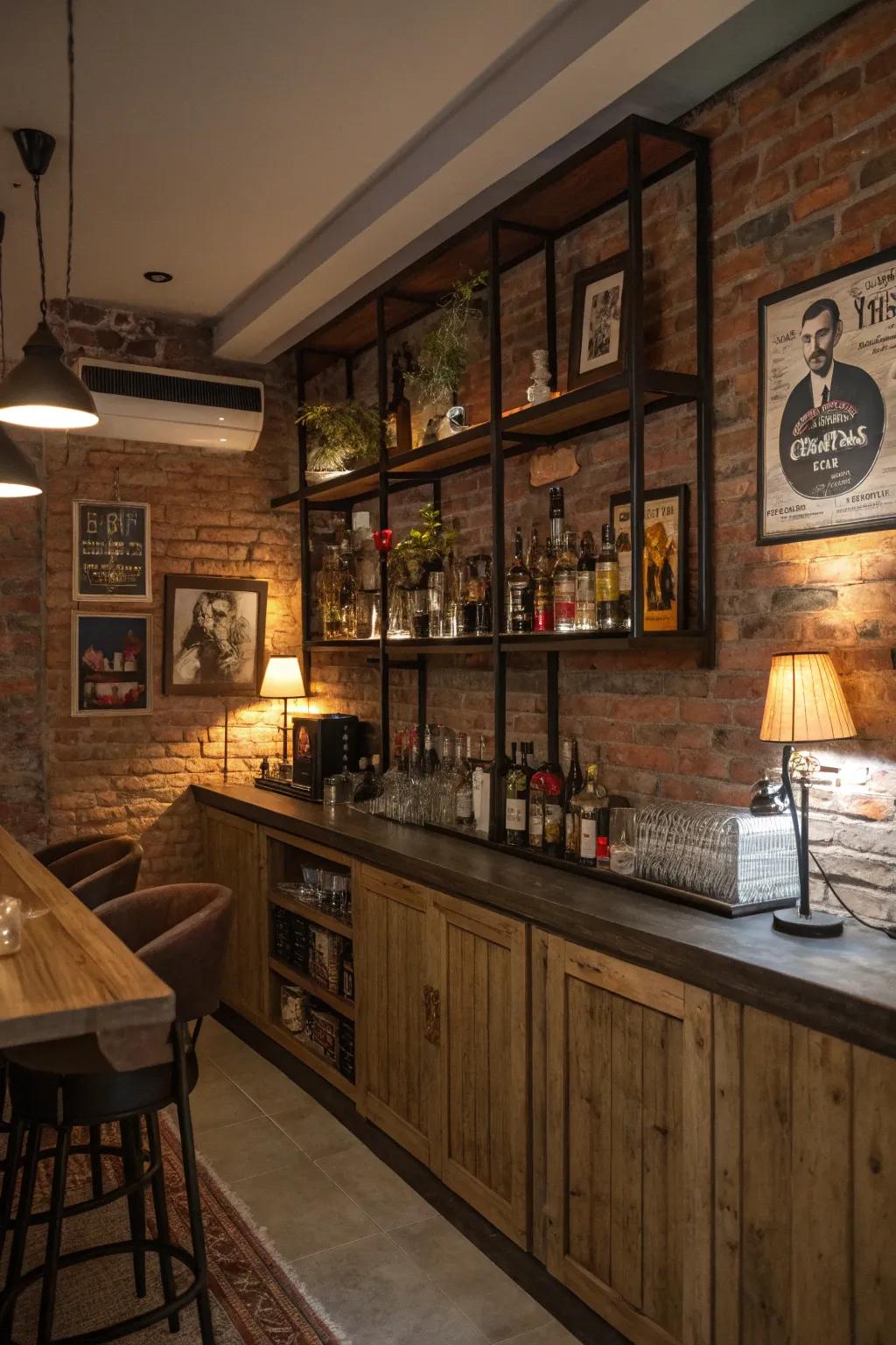 A welcoming home bar featuring an exposed brick wall, enhanced with vintage-inspired decorations.
