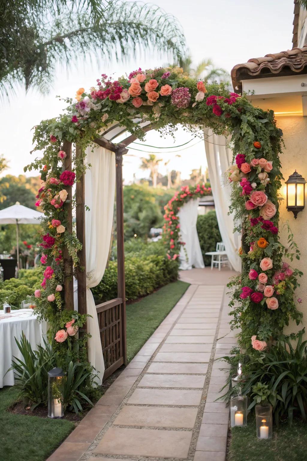 Attendees are welcomed by a stunning blossom canopy at the bridal shower's doorway.