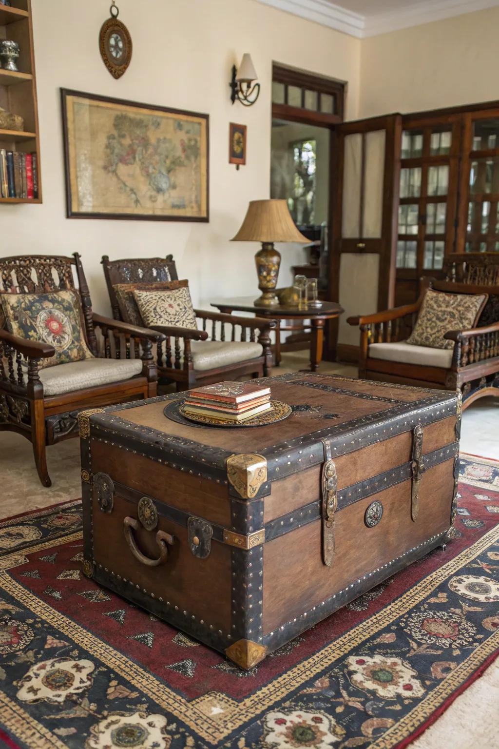 Time-honored luggage used as a central table enriches charm and uniqueness.