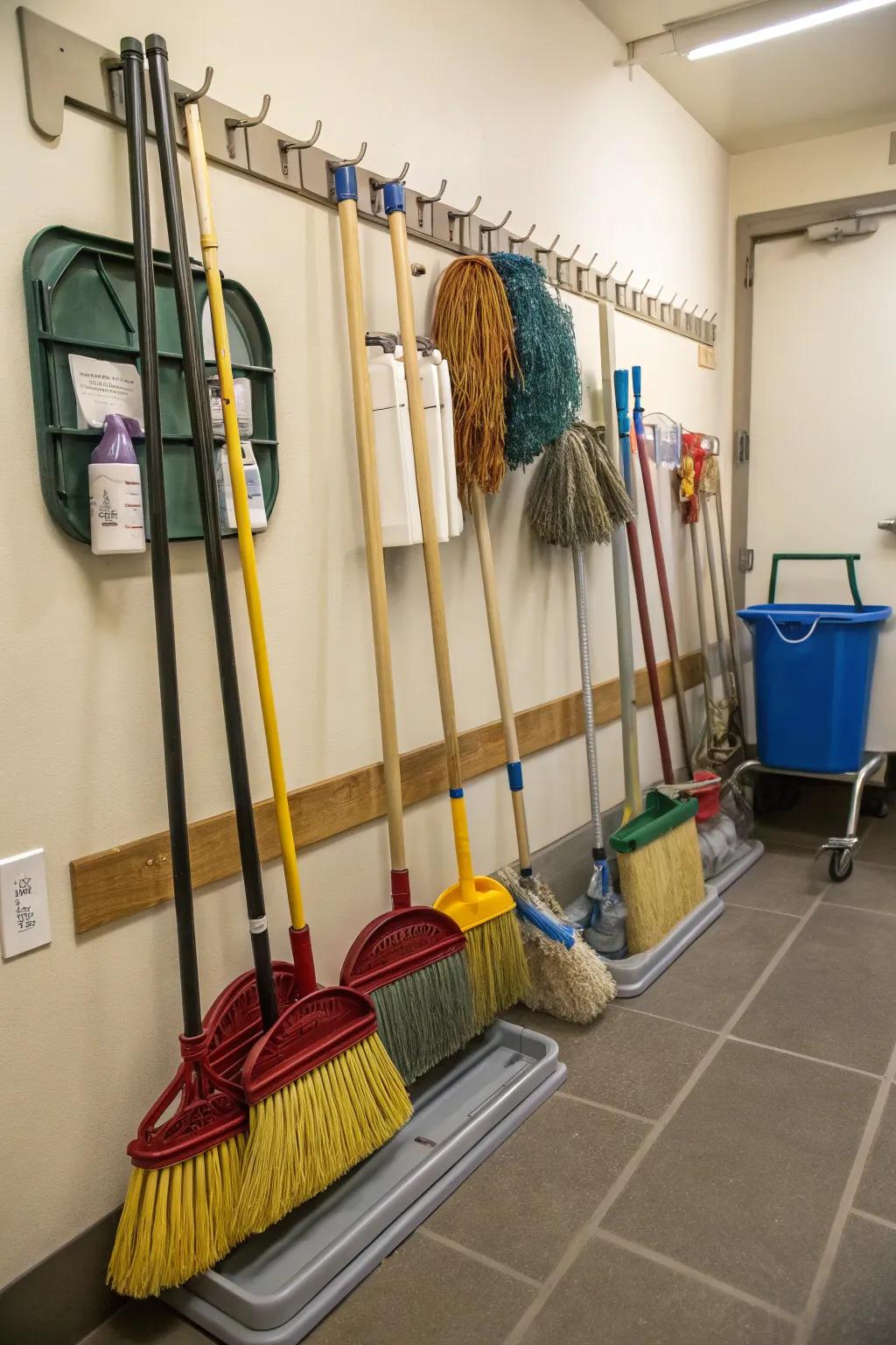 Efficient wall-mounted storage solutions for brooms and mops.