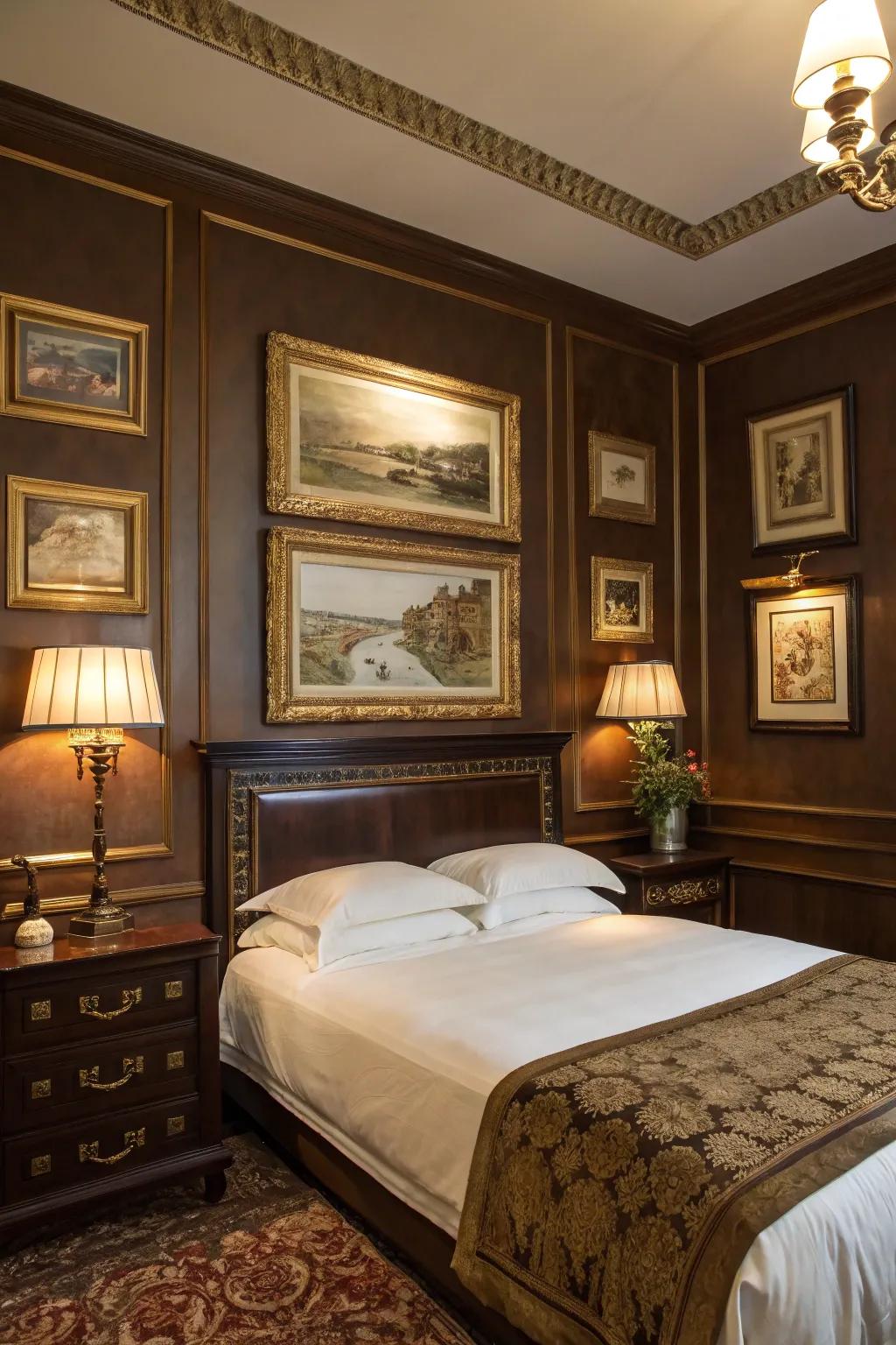 Deep brown walls contrasted with gold features create a welcoming atmosphere.