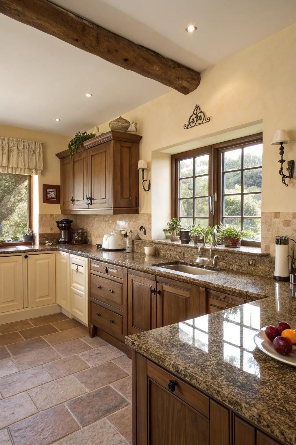 Brown granite's golden tones are enhanced by soothing cream walls.