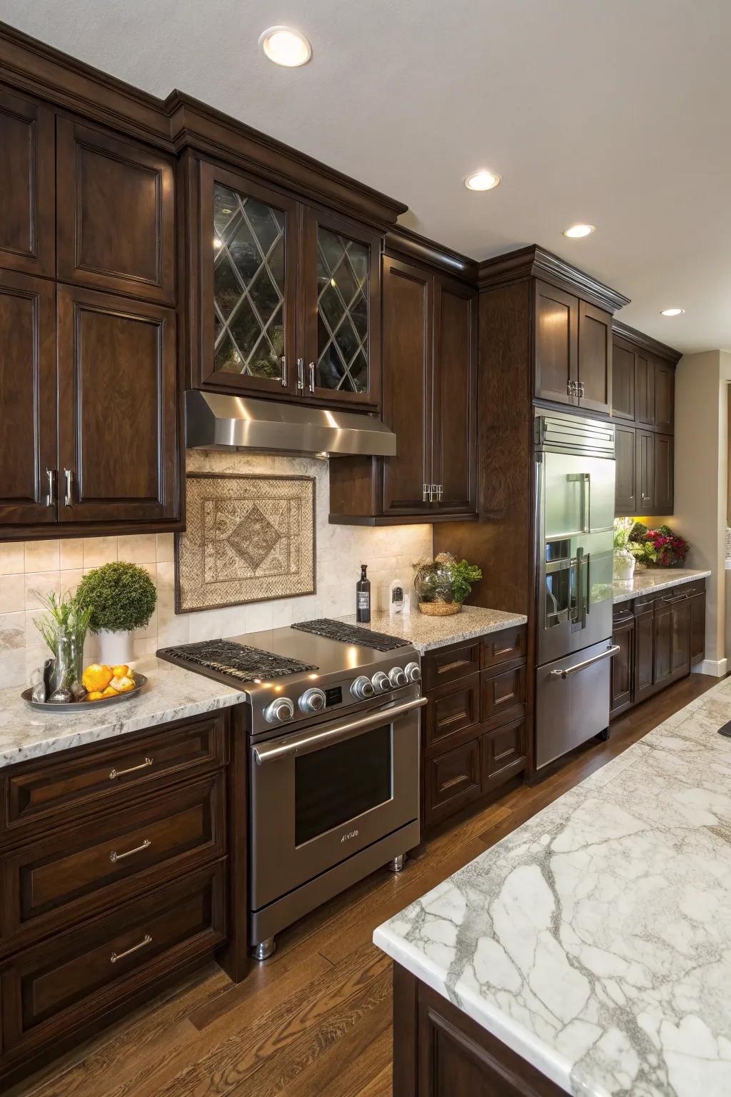 Pecan wood cabinets lend a lavish, ageless charm to modern kitchens.