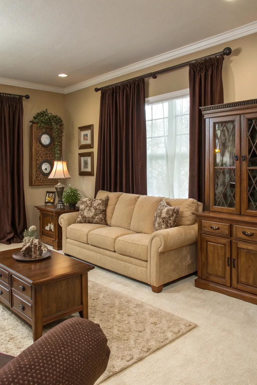 A well-balanced mix of various brown shades enriches the atmosphere.