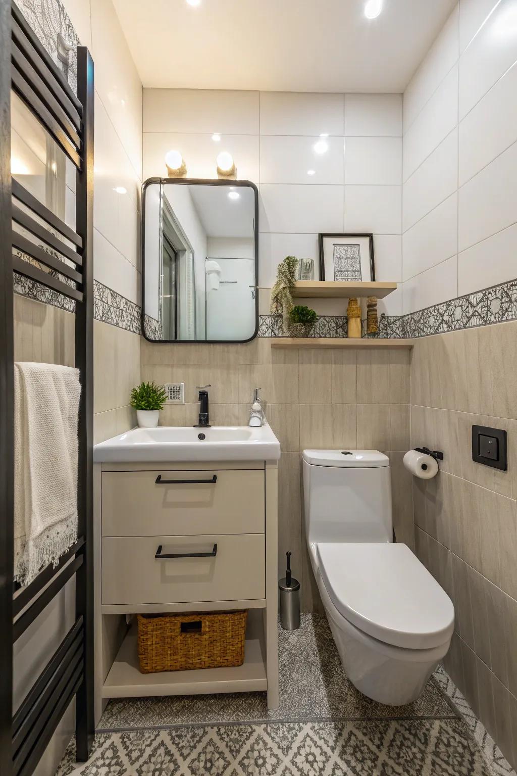 A compact bathroom showcases a small vanity and toilet designed to maximize space.