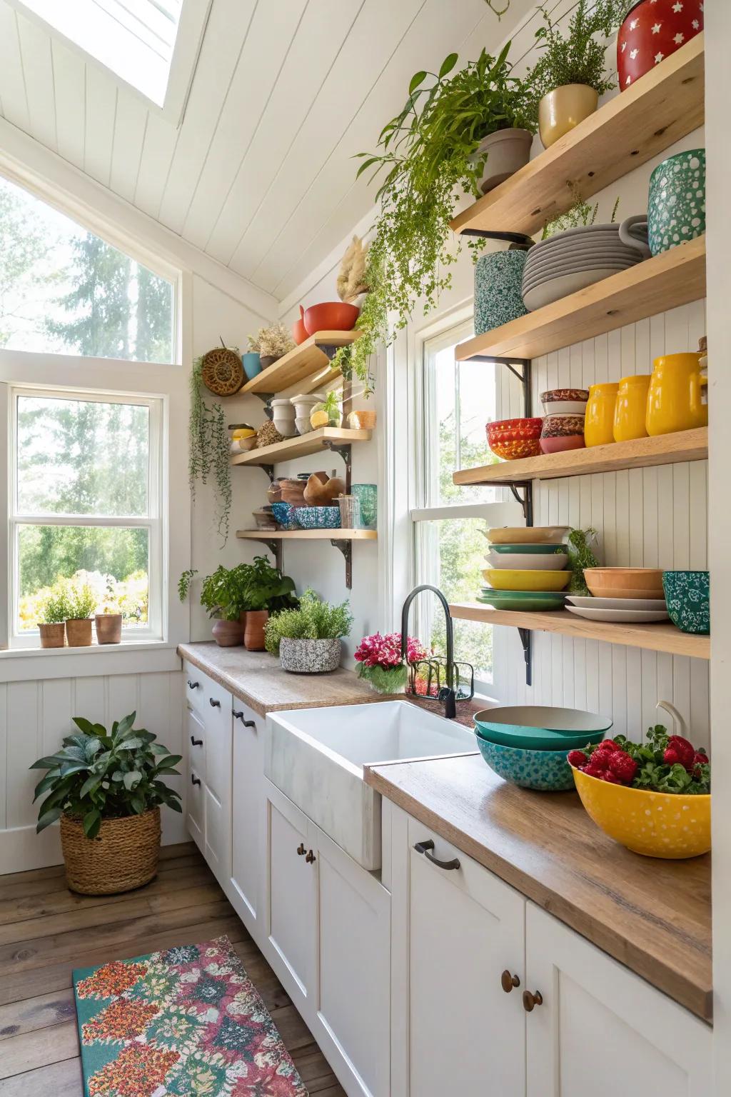 Open shelving imparts a personalized and useful charm to this small kitchen.