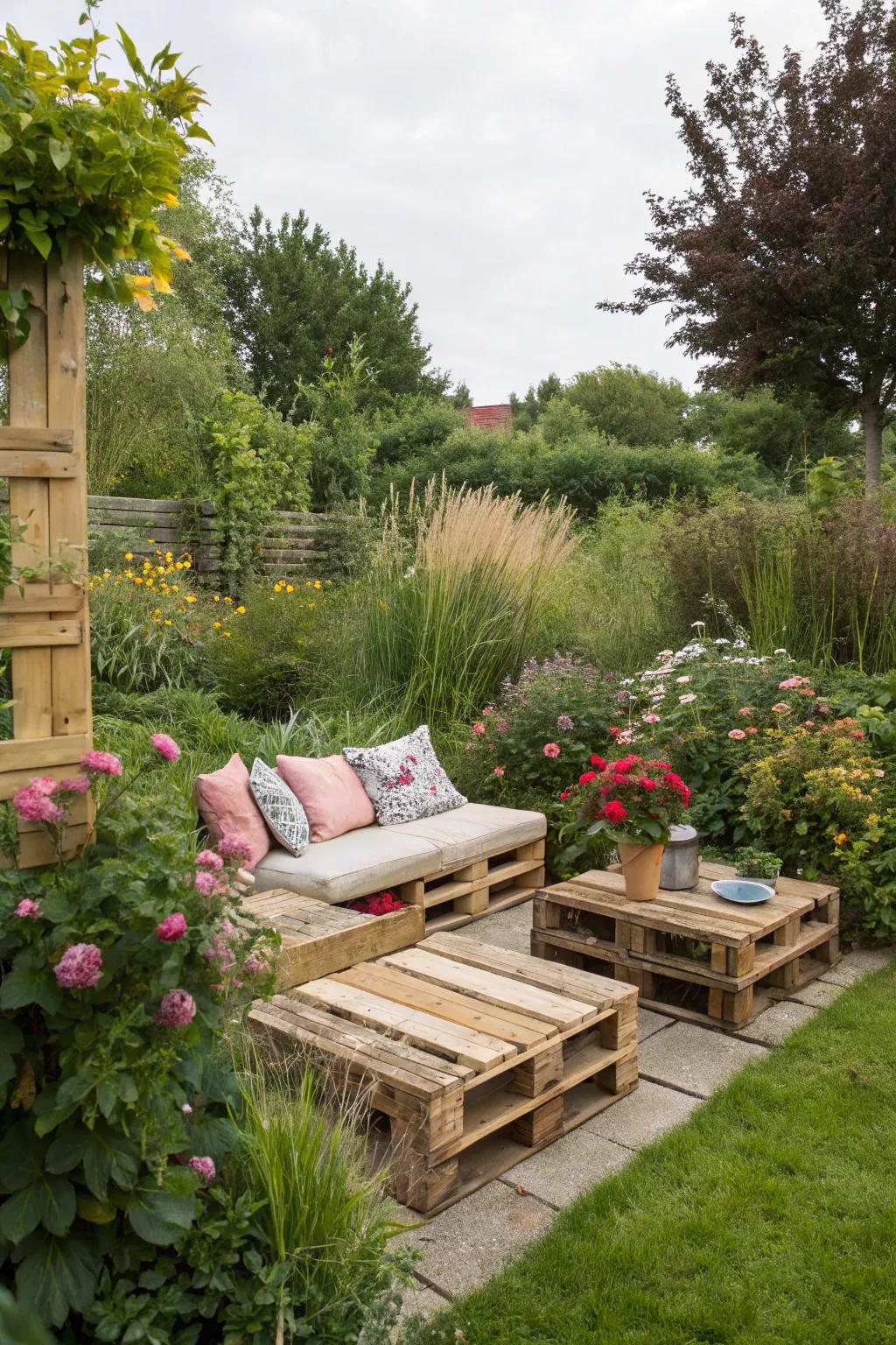 Reclaimed planks make a welcoming and inexpensive seating space in your garden.