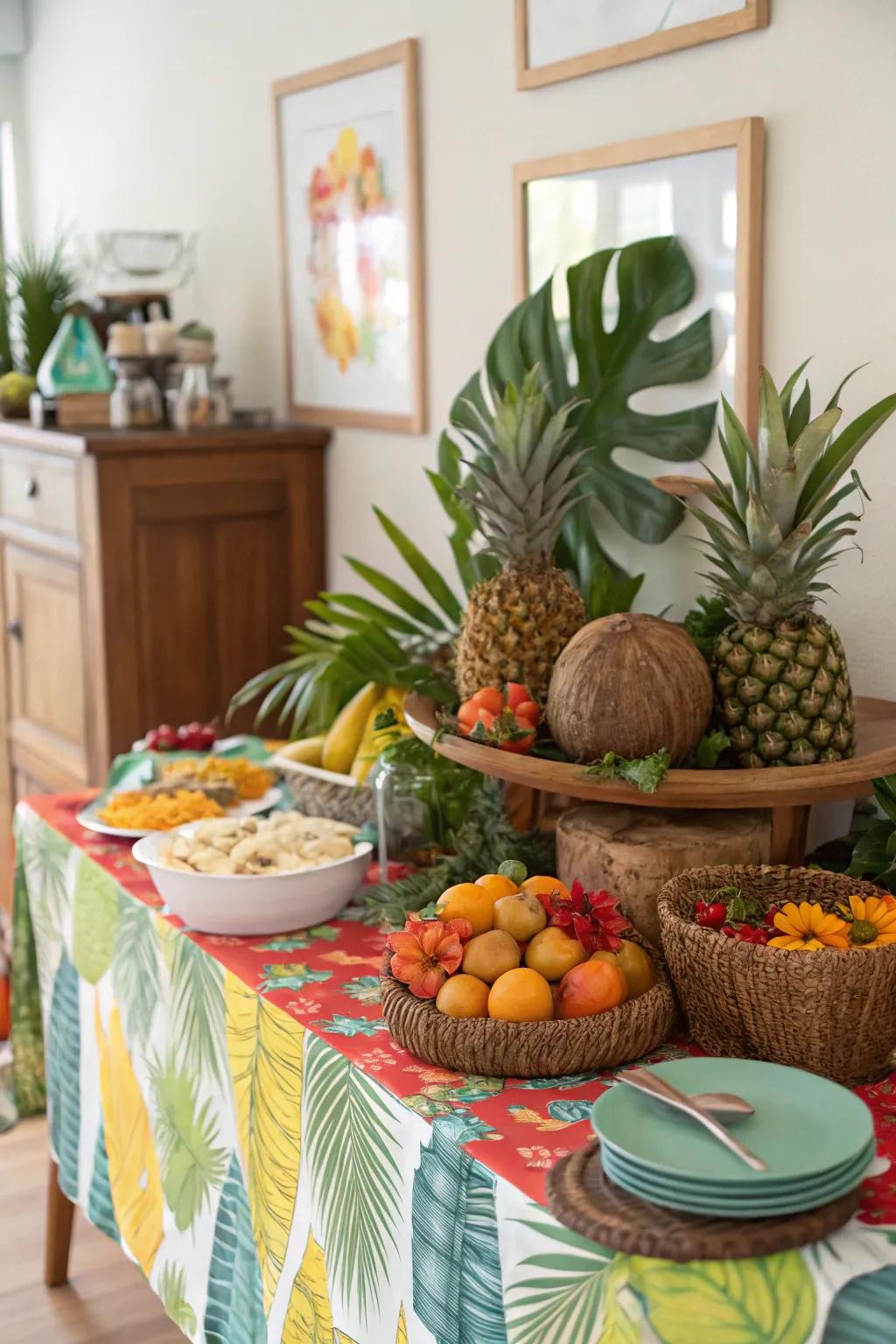 A tropical-themed buffet adds a burst of color and joy to any get-together.