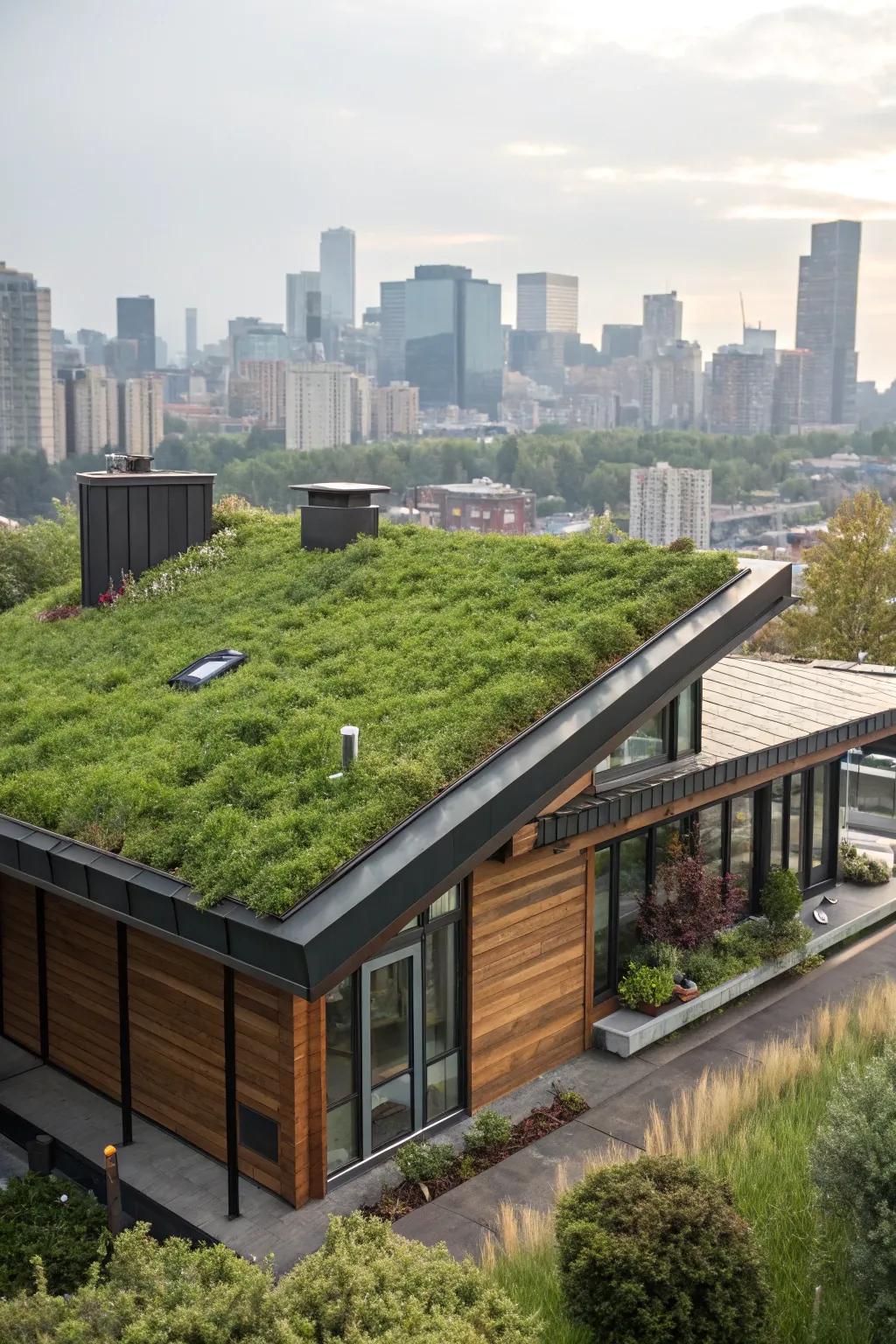 A contemporary home boasting a green roof, infusing a hint of nature into the urban landscape.