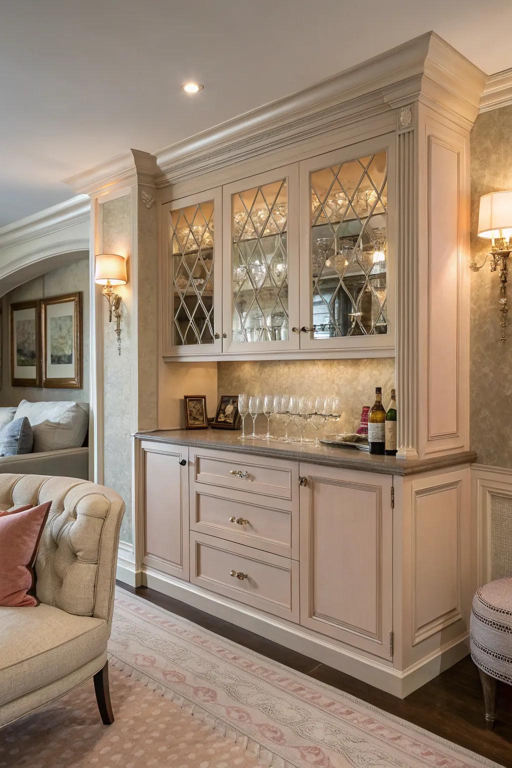 An alcove transformed into a welcoming bar area with gentle colors and detailed features.