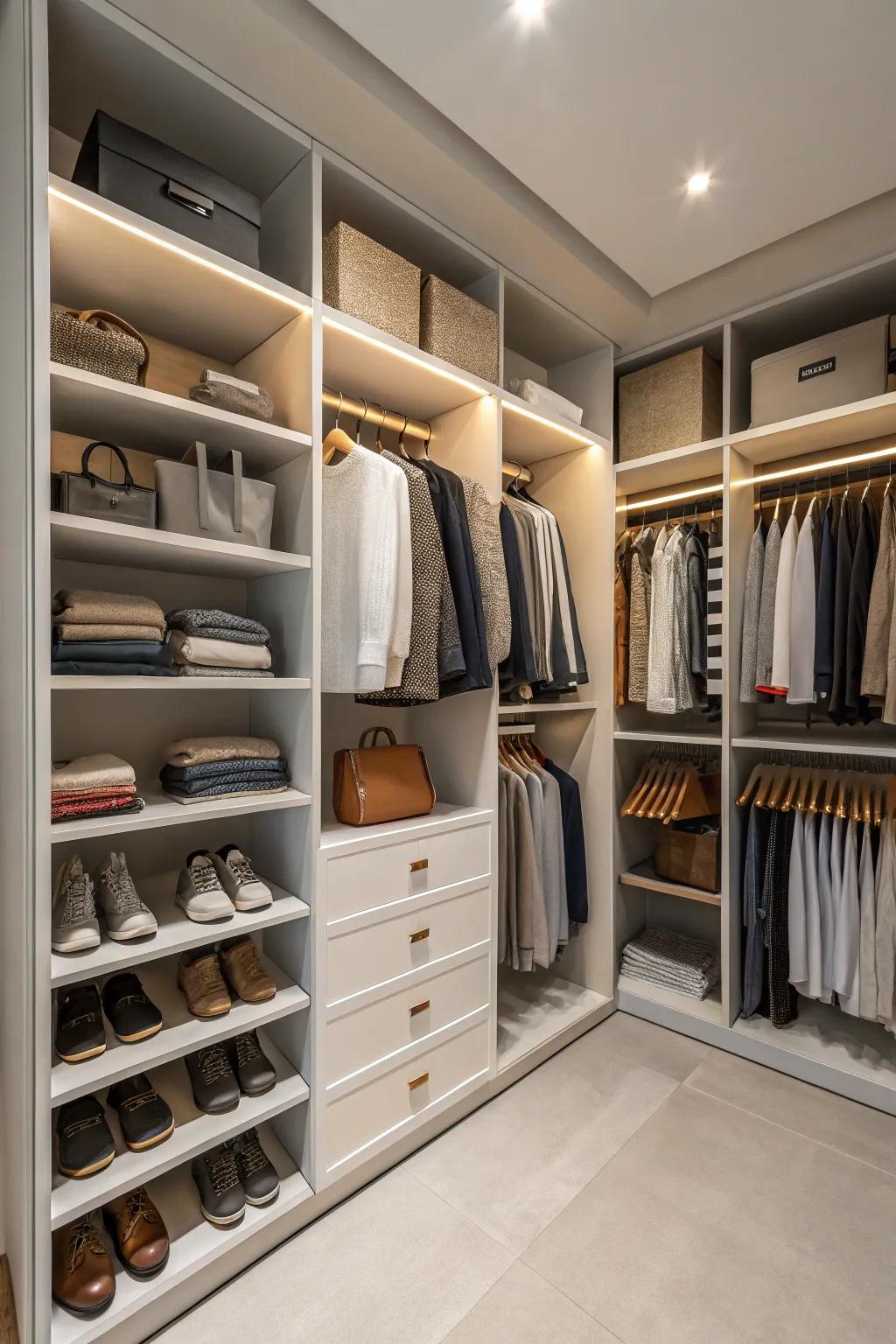 High-rise shelving columns capitalize on vertical space in this built-in wardrobe.