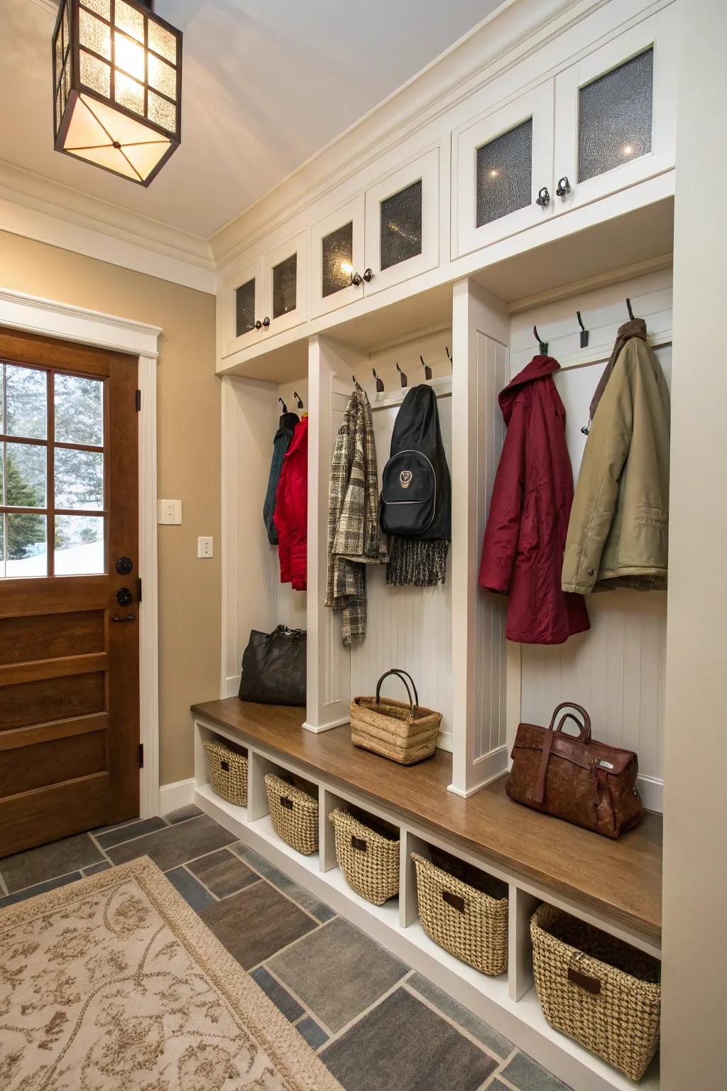 A tidy entryway featuring custom storage units that eliminate clutter.