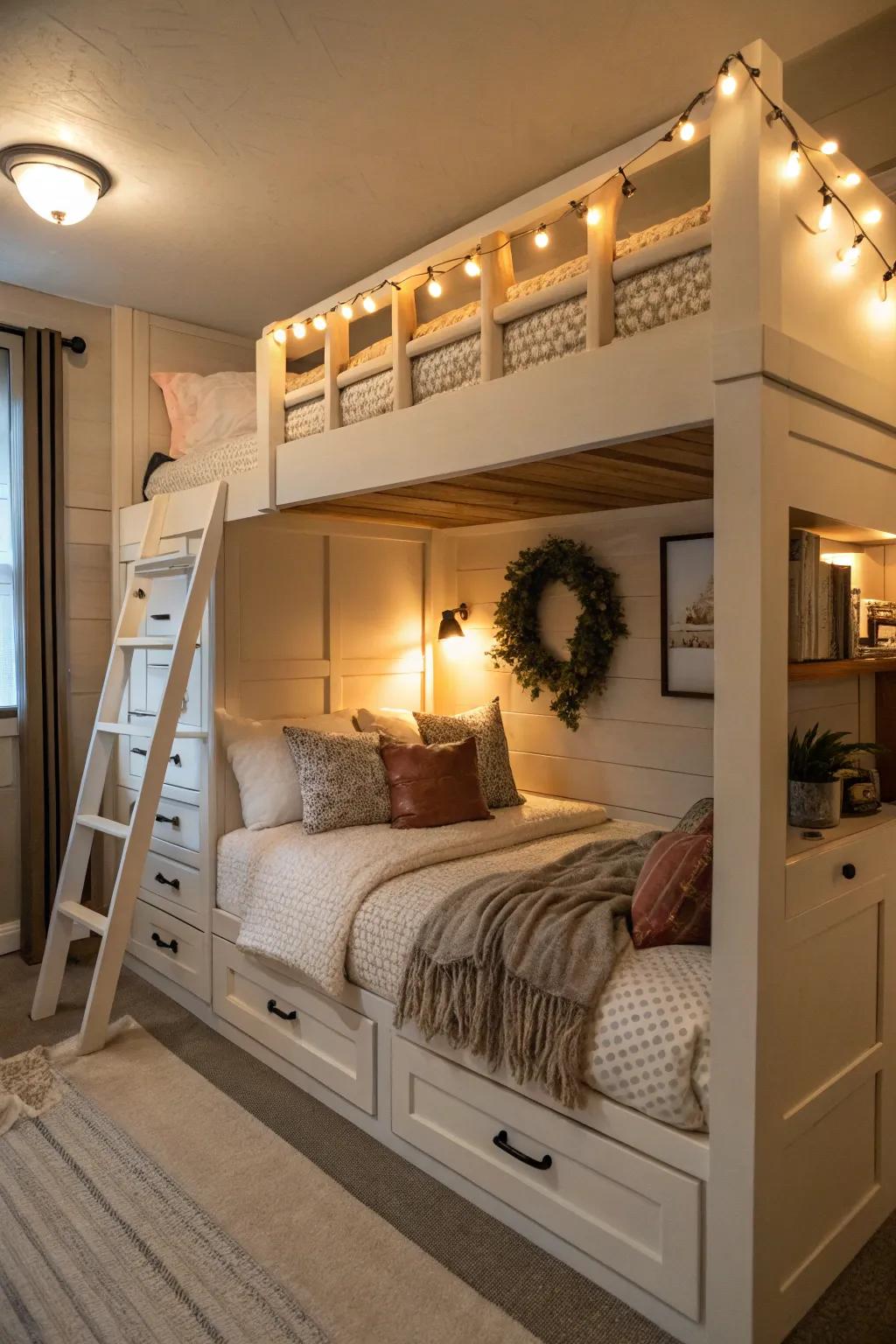 A cozy alcove transformed with built-in queen bunk beds, creating the perfect hideaway.