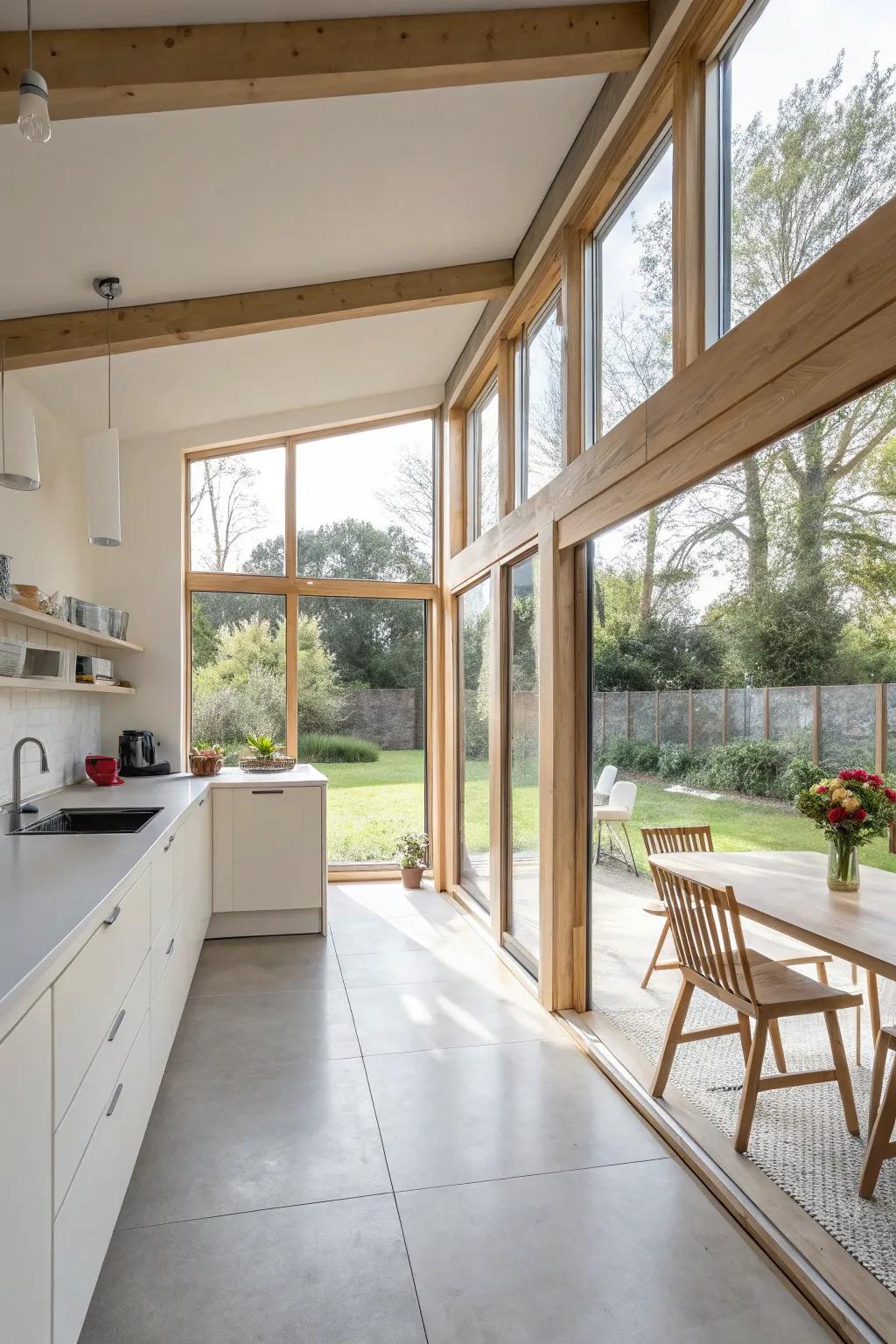An open bungalow kitchen that draws in natural light through expansive windows.