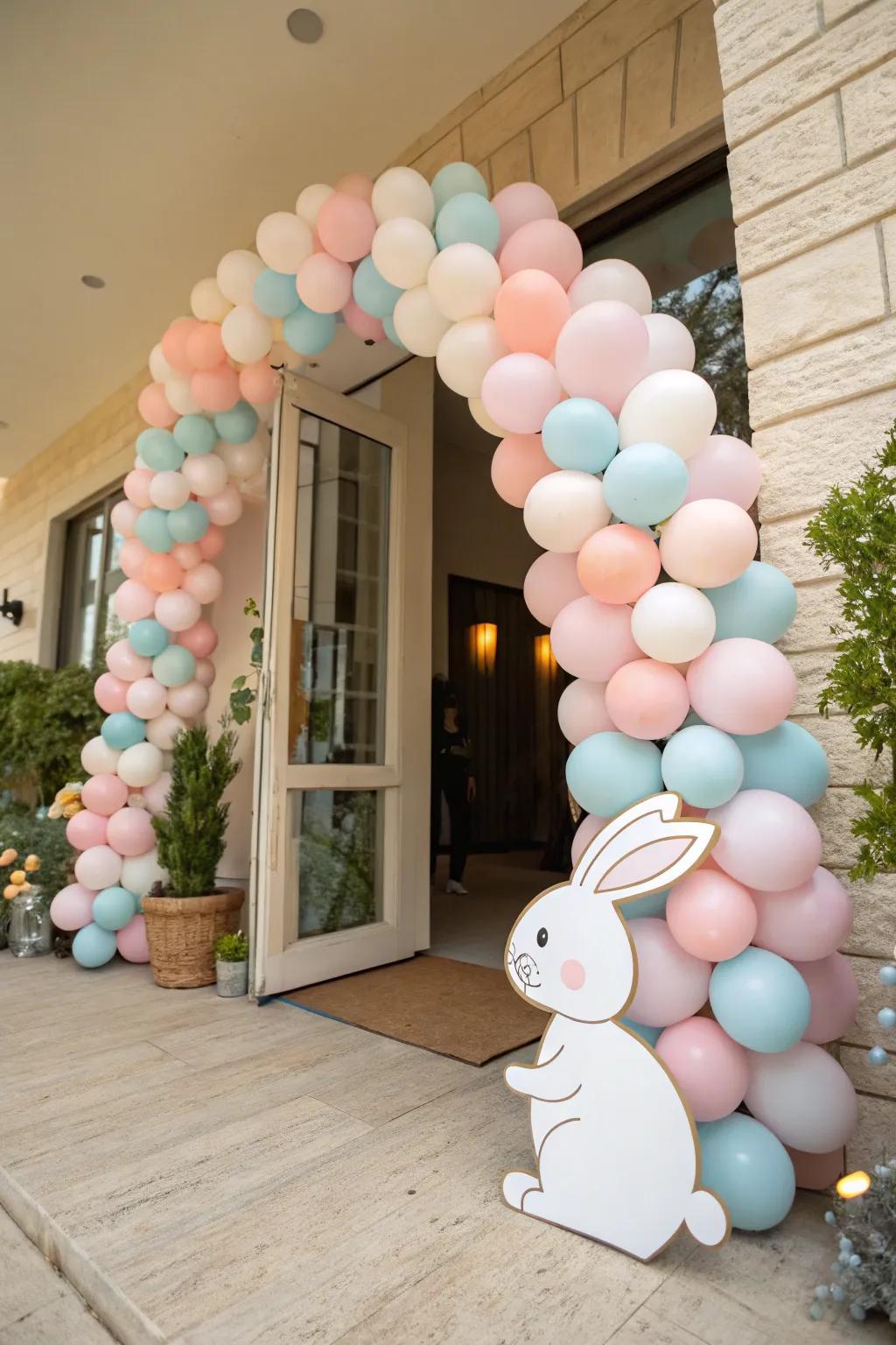 A beautiful pastel balloon arch welcoming guests to the bunny baby shower.