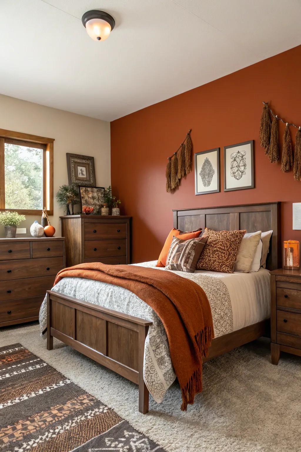 A stunning rust-colored feature wall perfectly harmonized with luxurious chocolate furnishings.