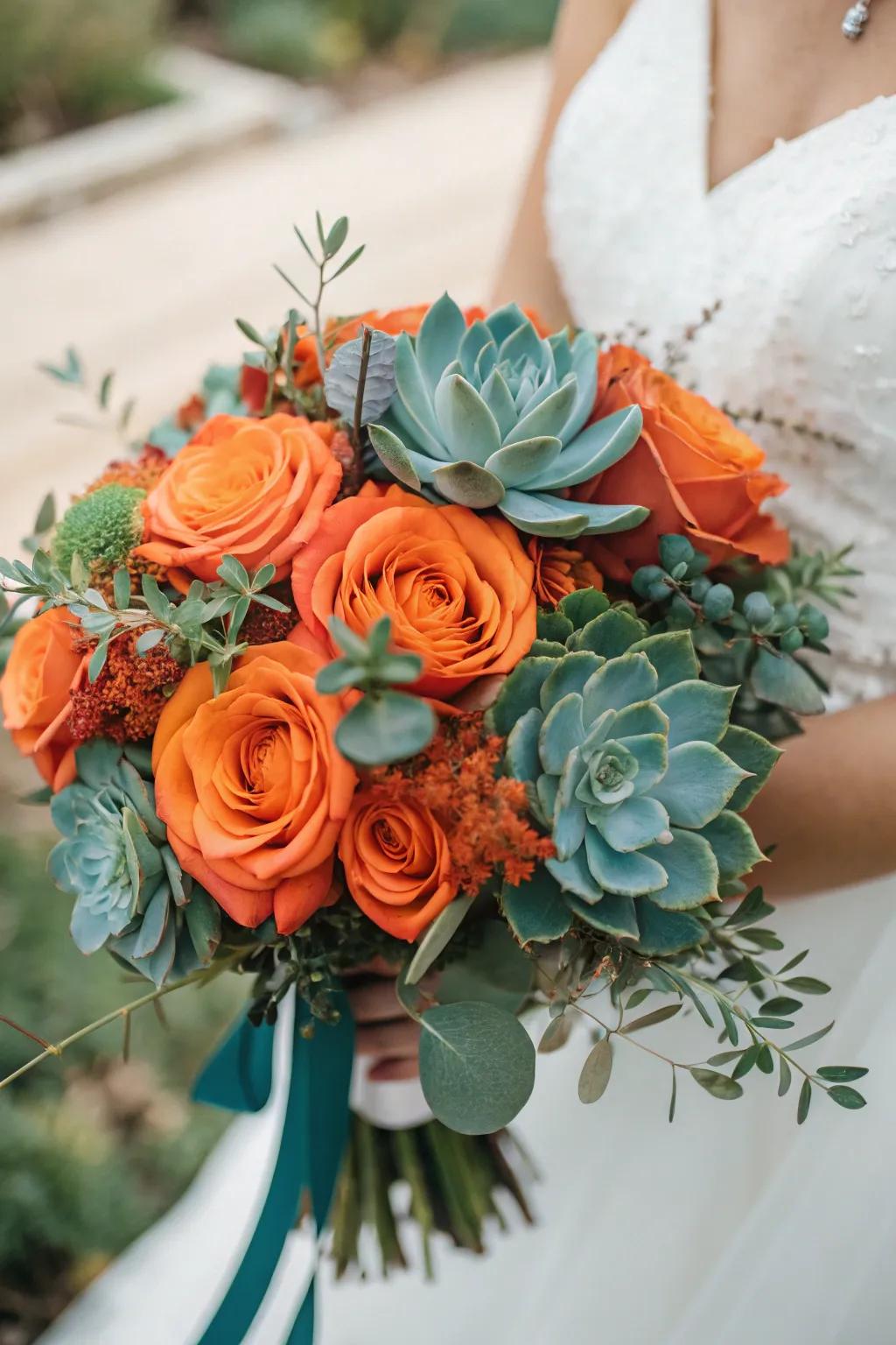 A bridal bouquet that perfectly marries sunset and aquatic blue tones.