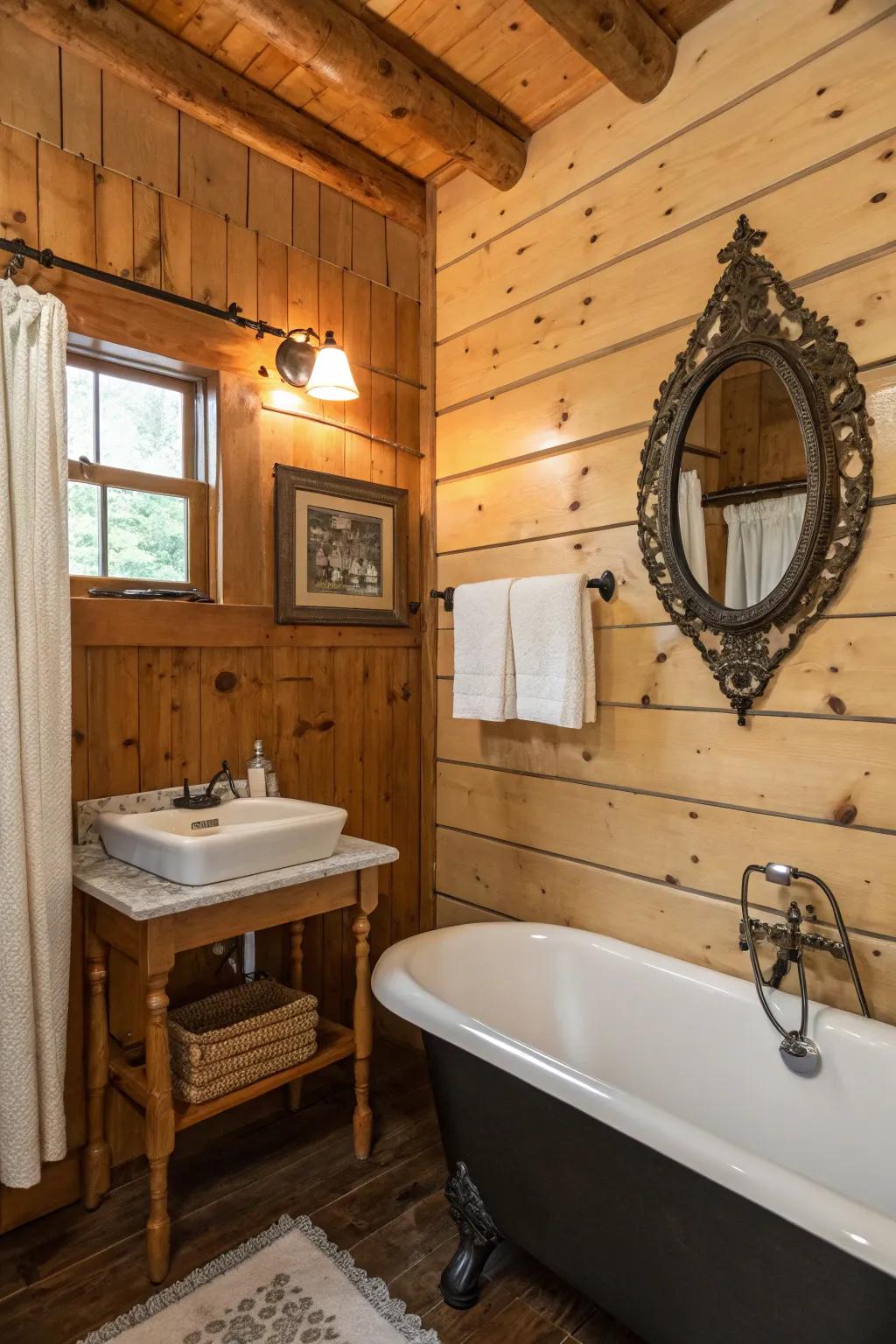 A cabin bathroom is decorated with wooden panels and countryside decor.
