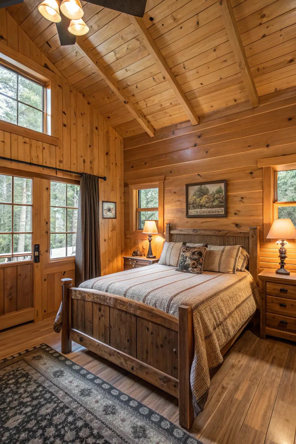 A cabin bedroom showcases wooden walls and furniture, complemented by inviting lighting.