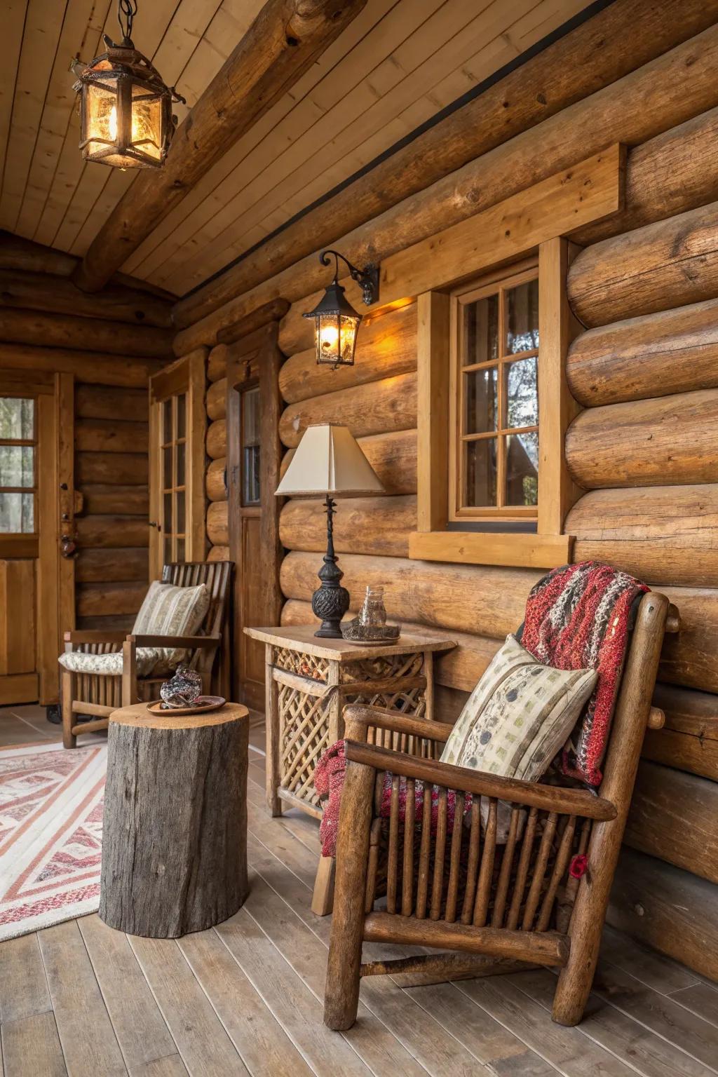 A cabin interior filled with exquisite wood features and organic textures.