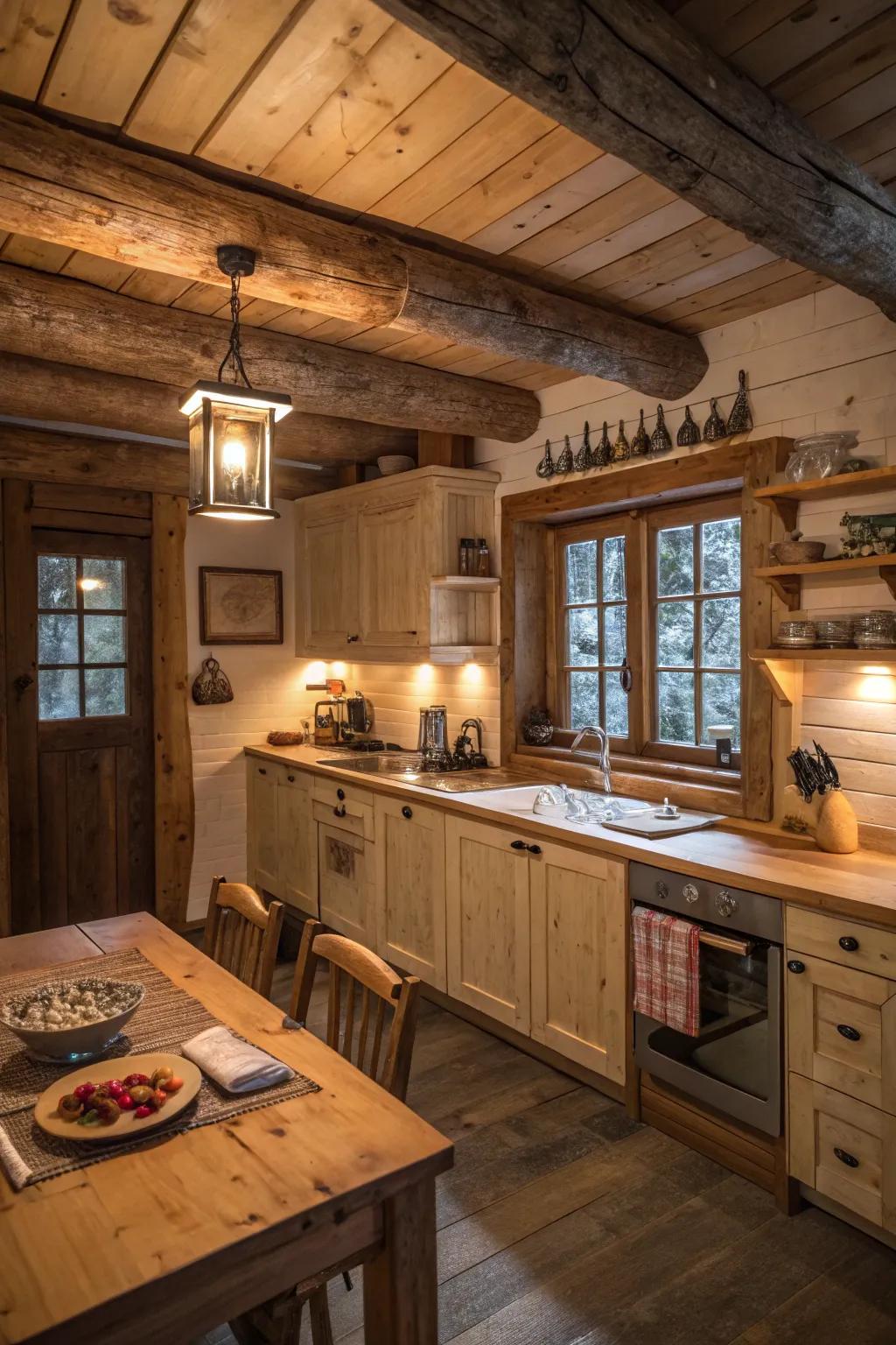 Natural wood shades create a warm and inviting cabin kitchen vibe.