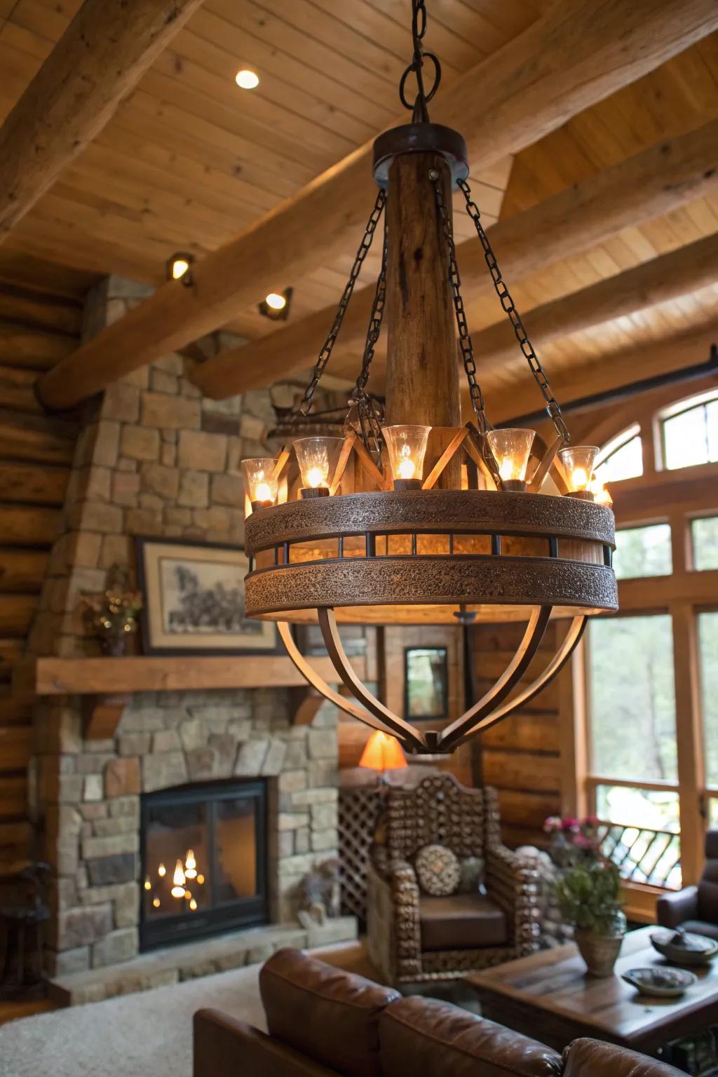A rustic chandelier enhancing a cabin living room with sophistication and warmth.