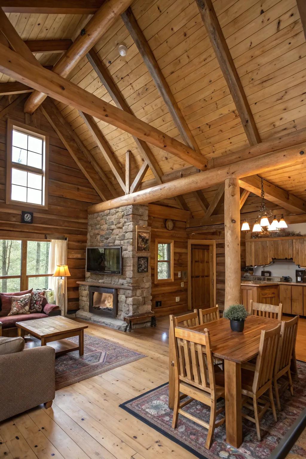 A country cabin living space displaying stunning visible wood beams.