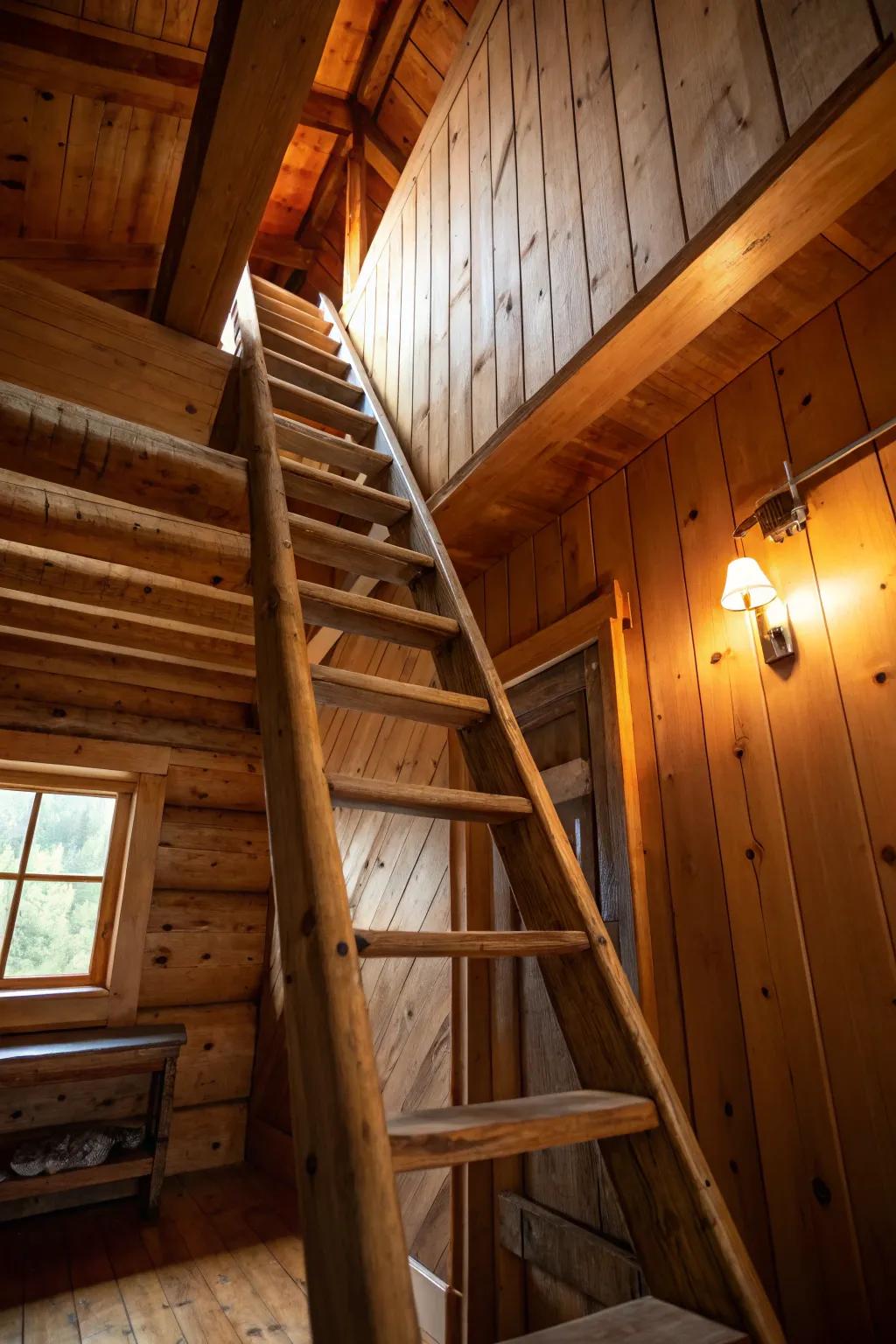 A timeless wooden ladder is the perfect addition for a rustic cabin loft, offering both style and dependable loft access.