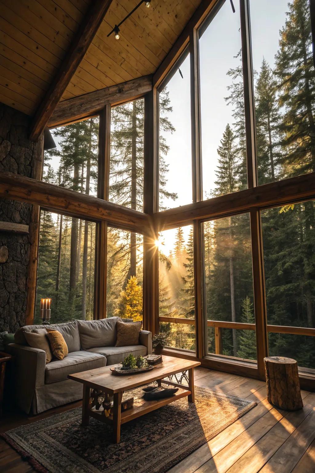 The interior of a cabin is illuminated by expansive windows, showcasing the beauty of nature.