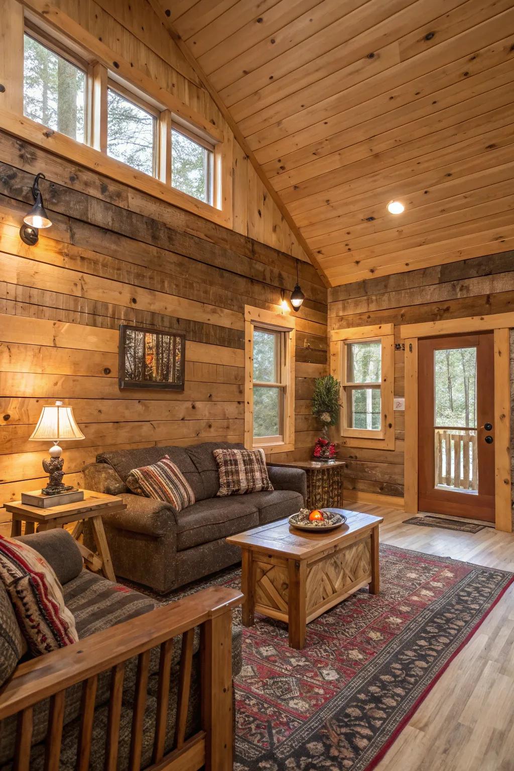 Cozy upcycled wood boards creating a warm cabin feel.