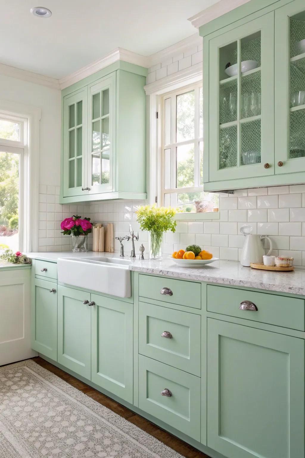 Spearmint painted cabinet doors add a fresh vibe to the kitchen.