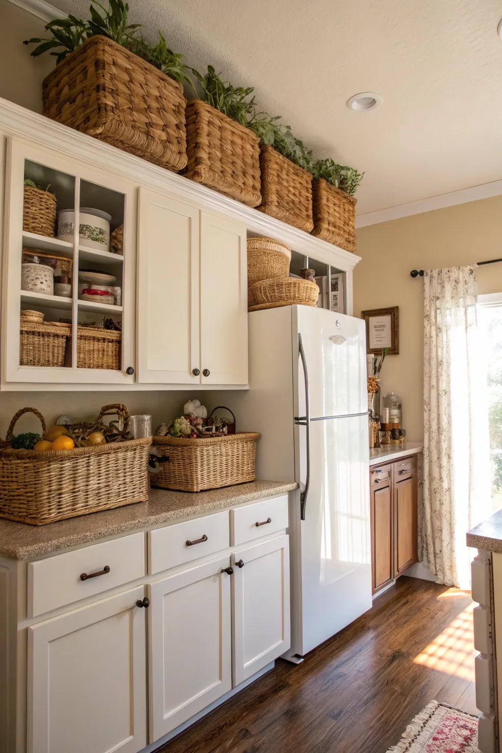 Willow baskets combine appeal and functionality to the often-missed spot above your fridge.
