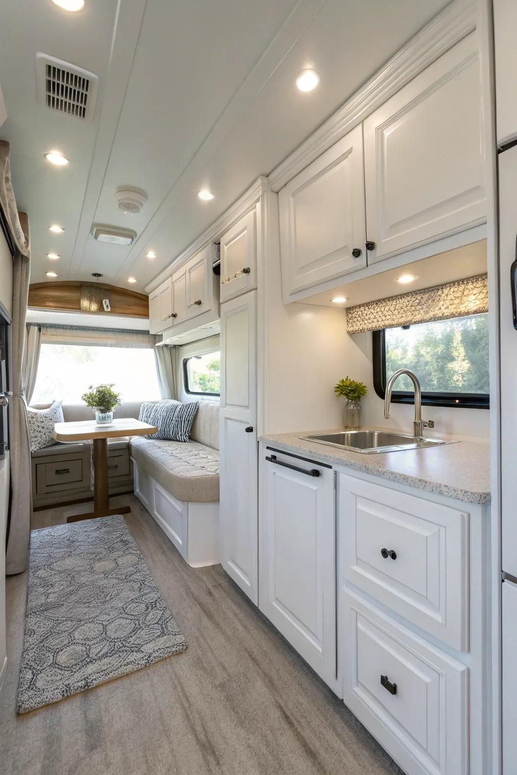 White cabinets have the power to make your RV feel more spacious and welcoming.