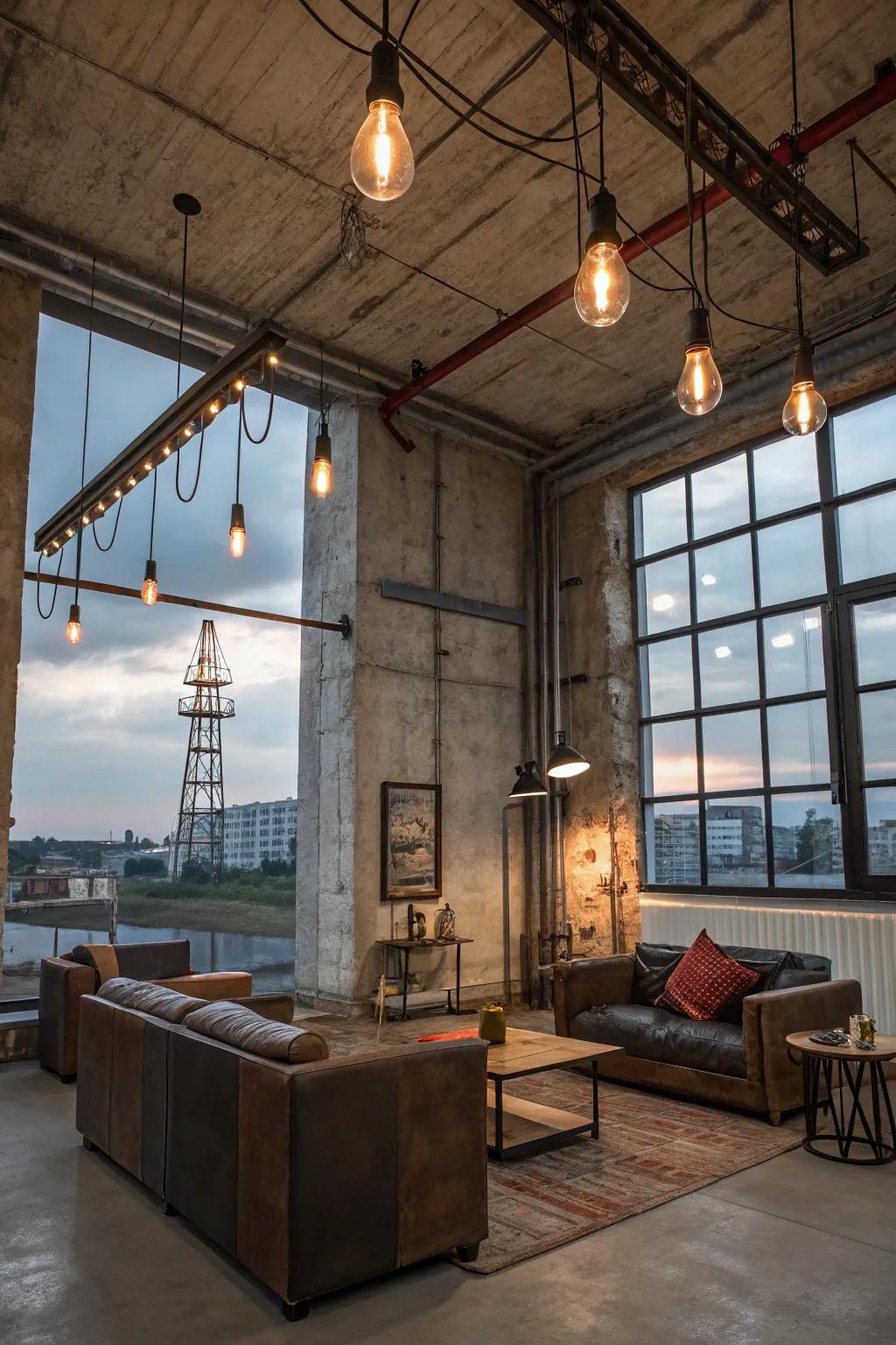 Realize an urban loft design with industrial cable lighting in your living room.