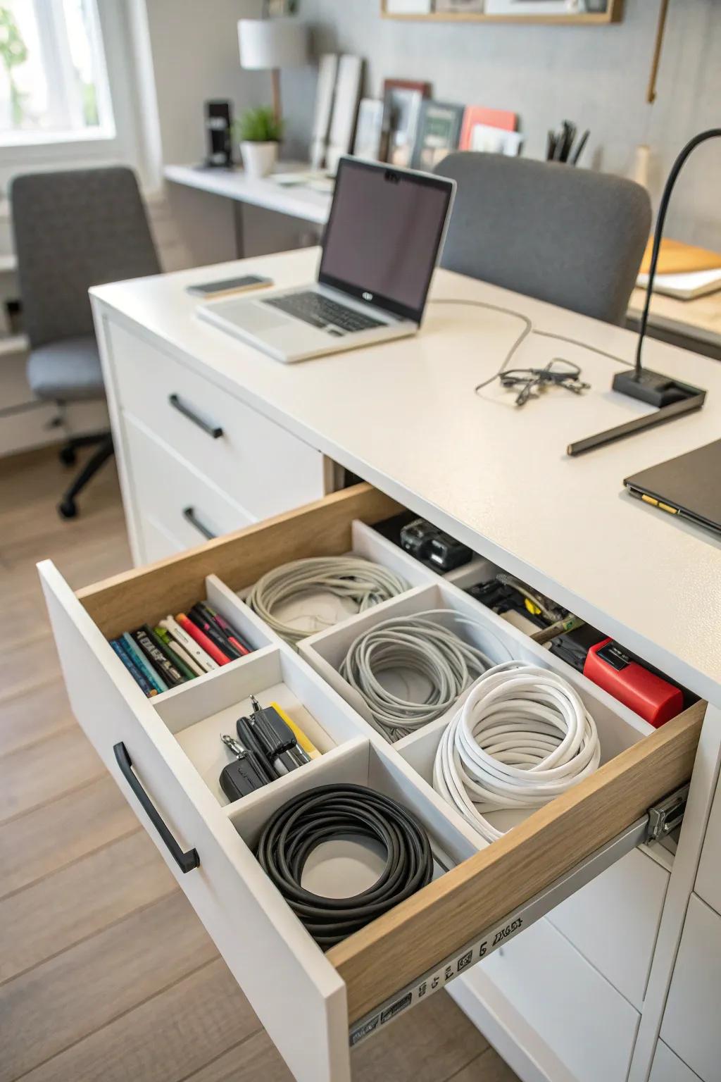 Organized cables in a drawer using partitions.