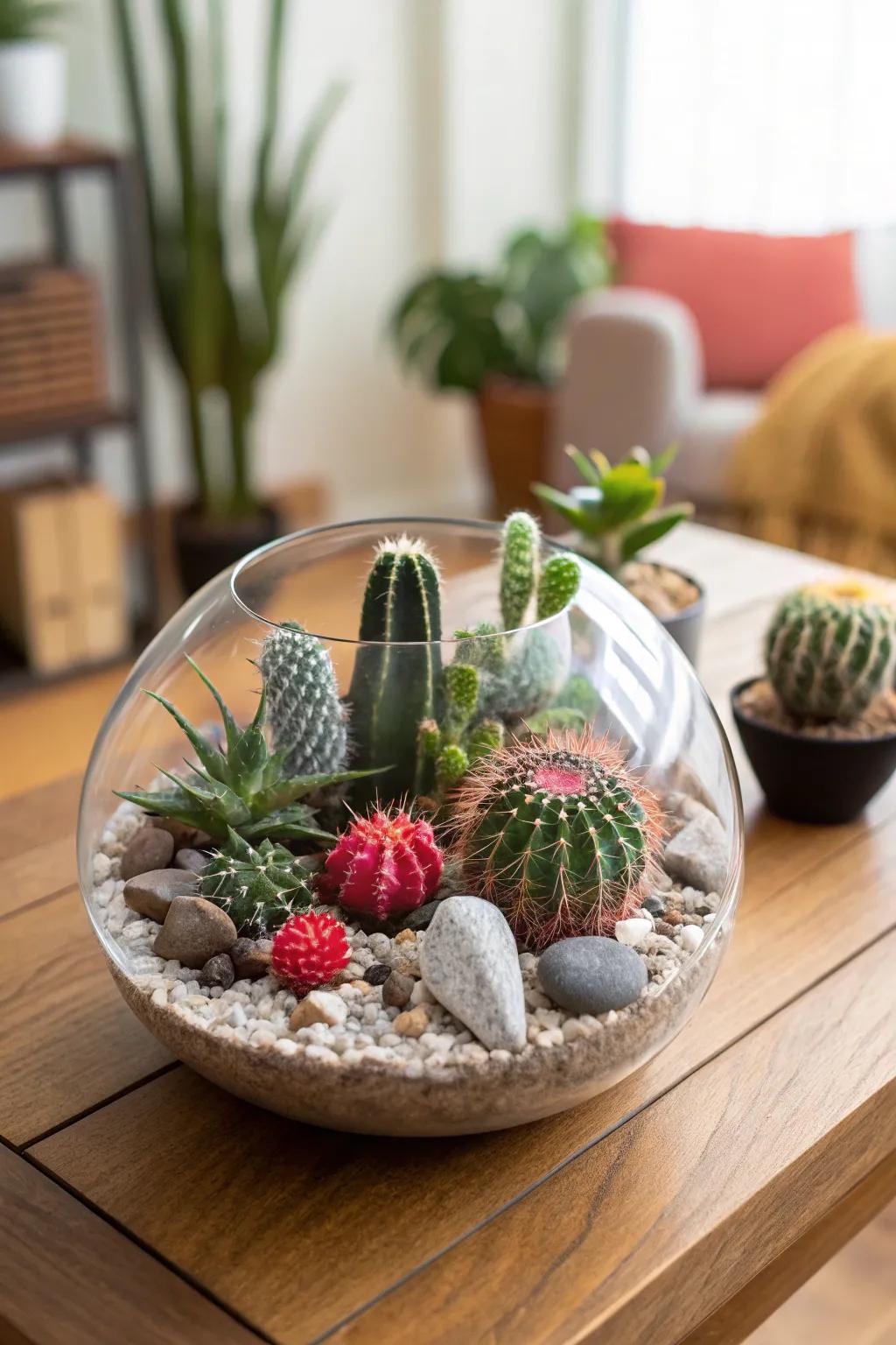 A sophisticated glass display case brimming with succulents crafts a small panorama.