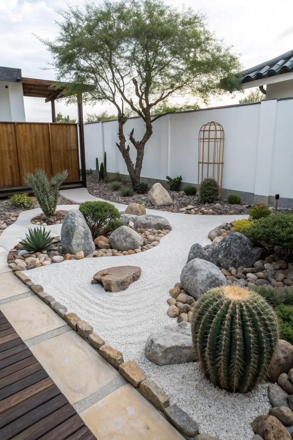 A Zen-inspired cactus garden with stones creating a tranquil atmosphere.