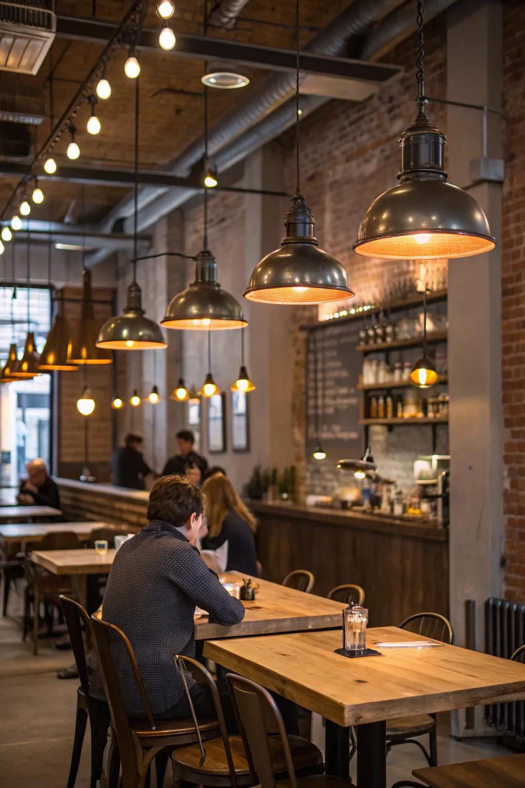 Modern hanging lamps spreading a cozy glow over wooden tables in a welcoming café.
