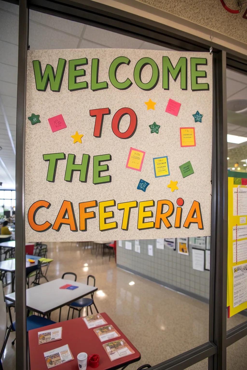 A warm bulletin board featuring a cheerful greeting for students.