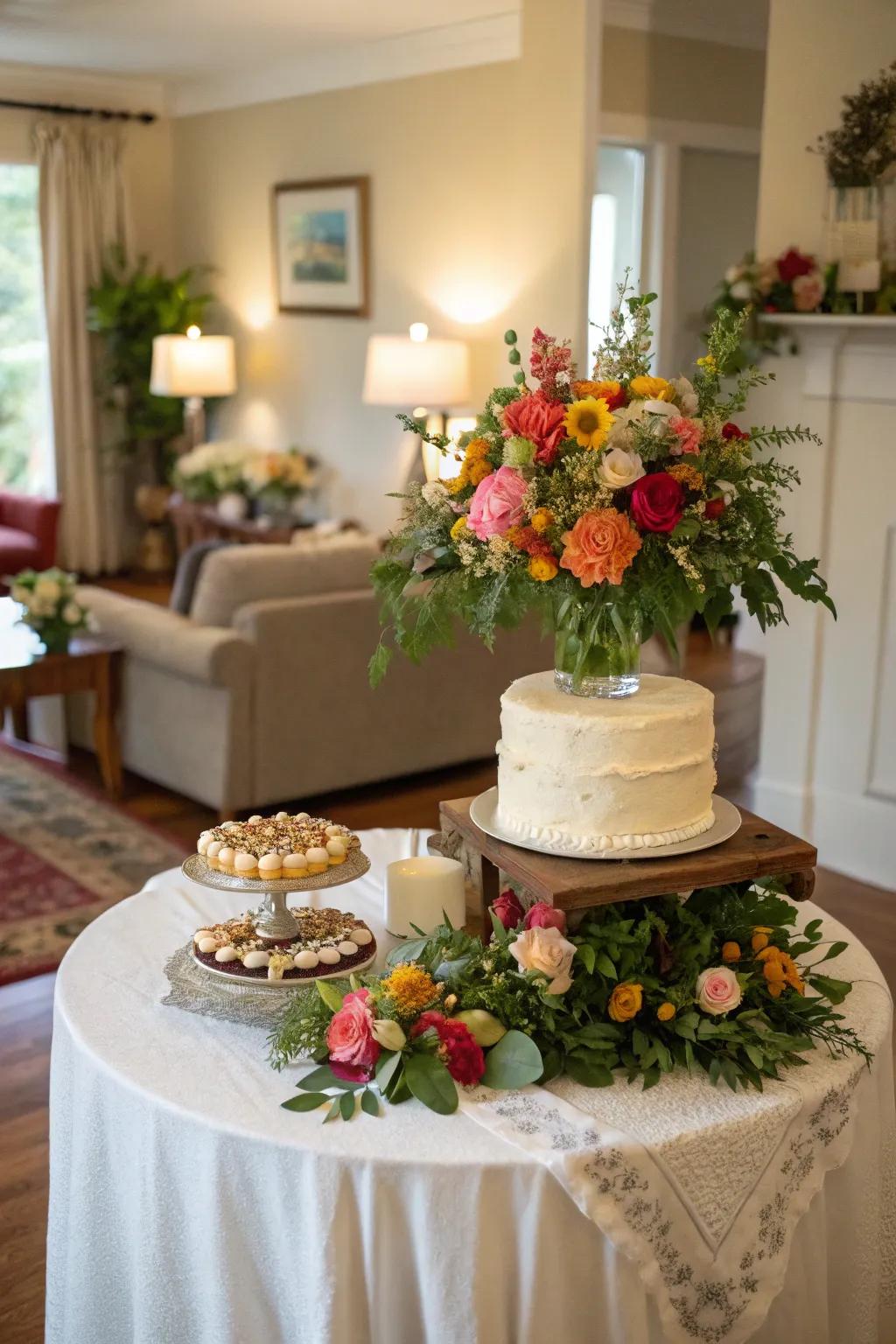 A cake table beautifully adorned with lush floral arrangements, adding elegance and color.