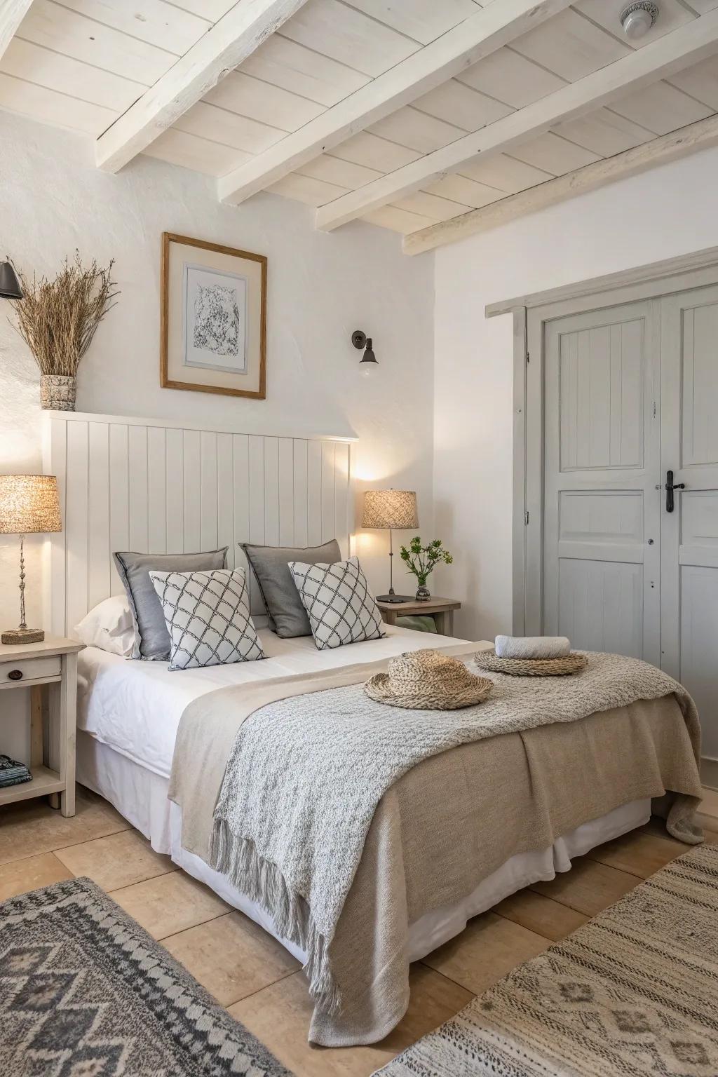 A bedroom displaying a tranquil neutral color scheme featuring white walls, cream-colored bedding, and gentle gray accents.