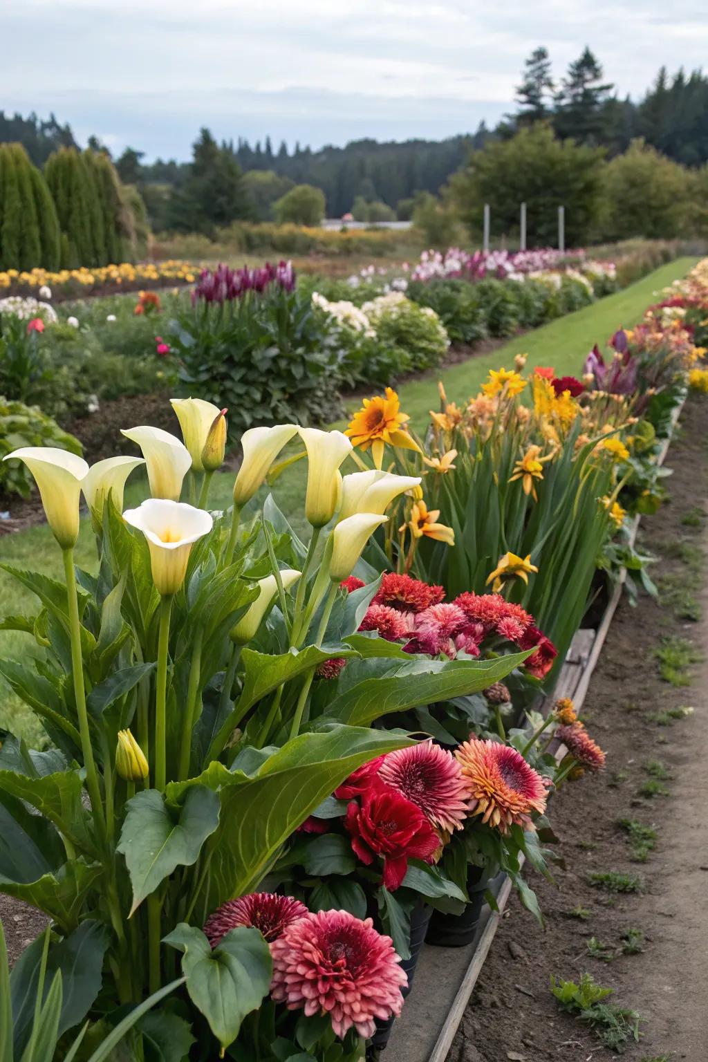 A flower garden showcasing swan flowers with accompanying plants, perfect for creating homemade bouquets.