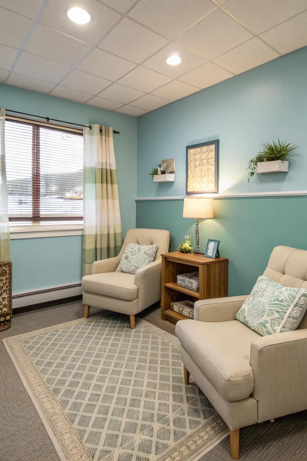 Neutral and soft colors establish a calm setting.