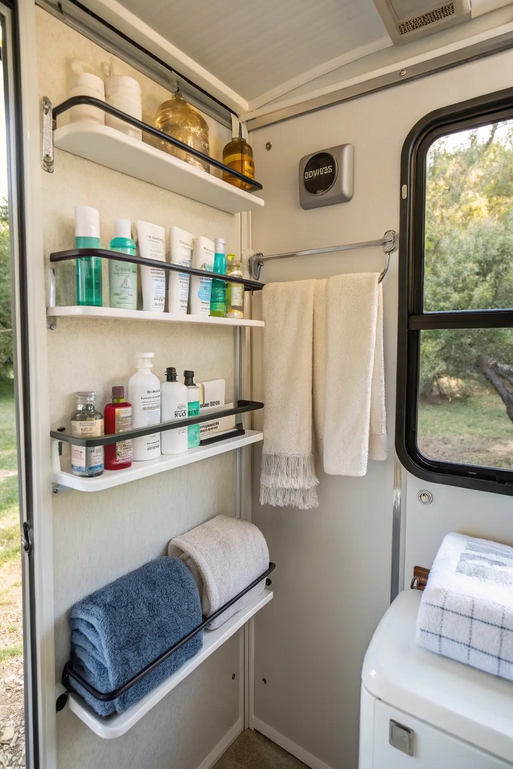 Wall-mounted storage taking advantage of unused vertical space in a camper bathroom.