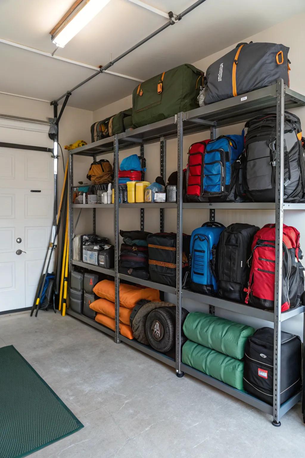 Shelving units in the garage keep camping equipment systematically arranged and easily accessible.